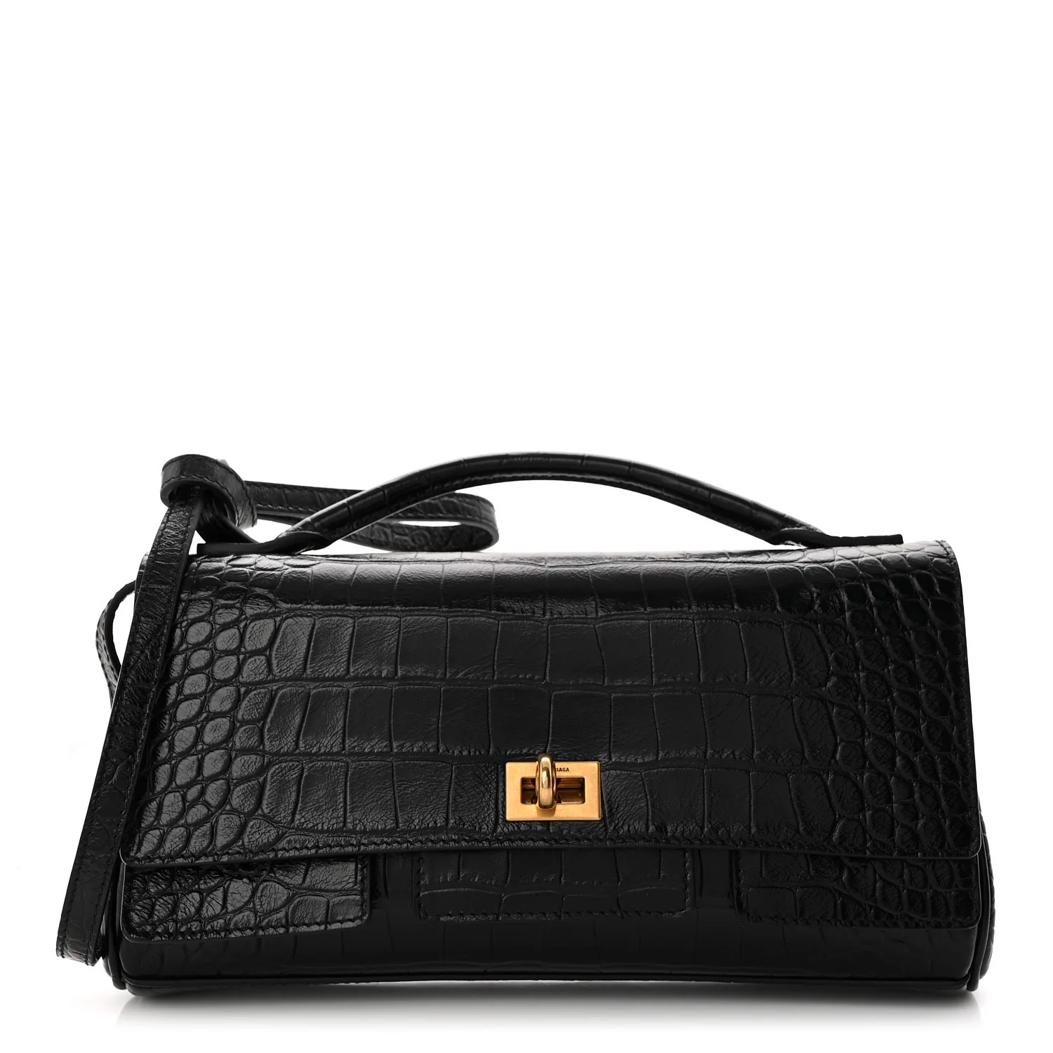 Crocodile Embossed Small Bel Air Clutch On Strap Black