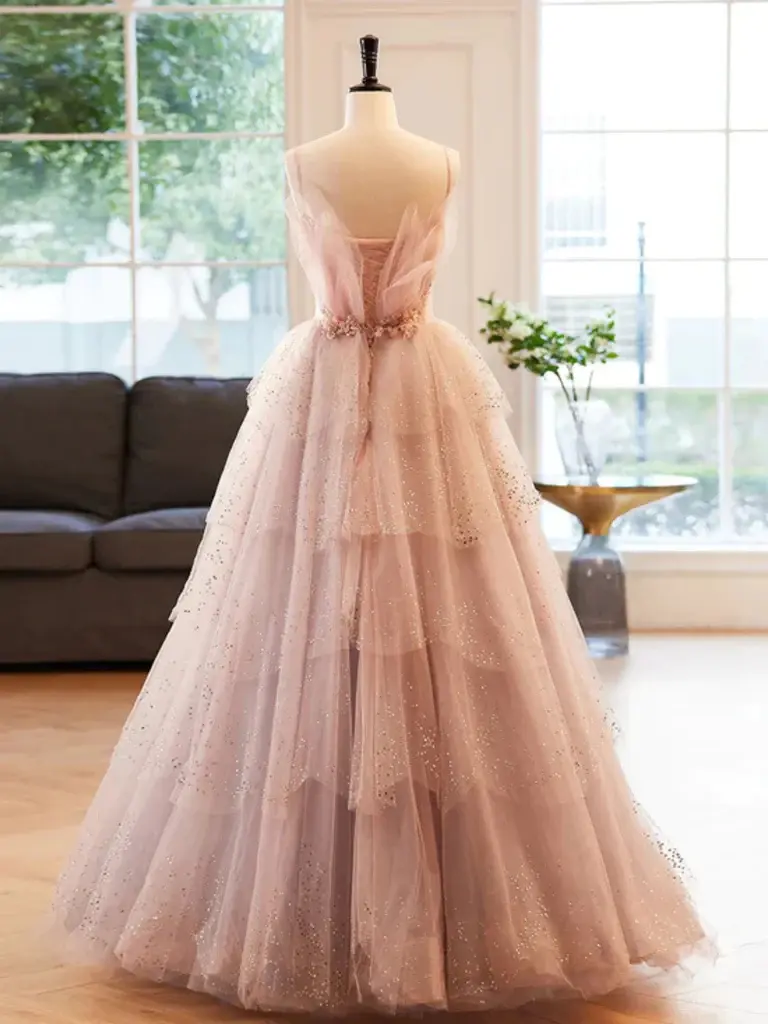 Gorgeous V Neck Beaded Layered Tulle Long Ball Gown Prom Dresses, Formal Evening Dresses DMP330