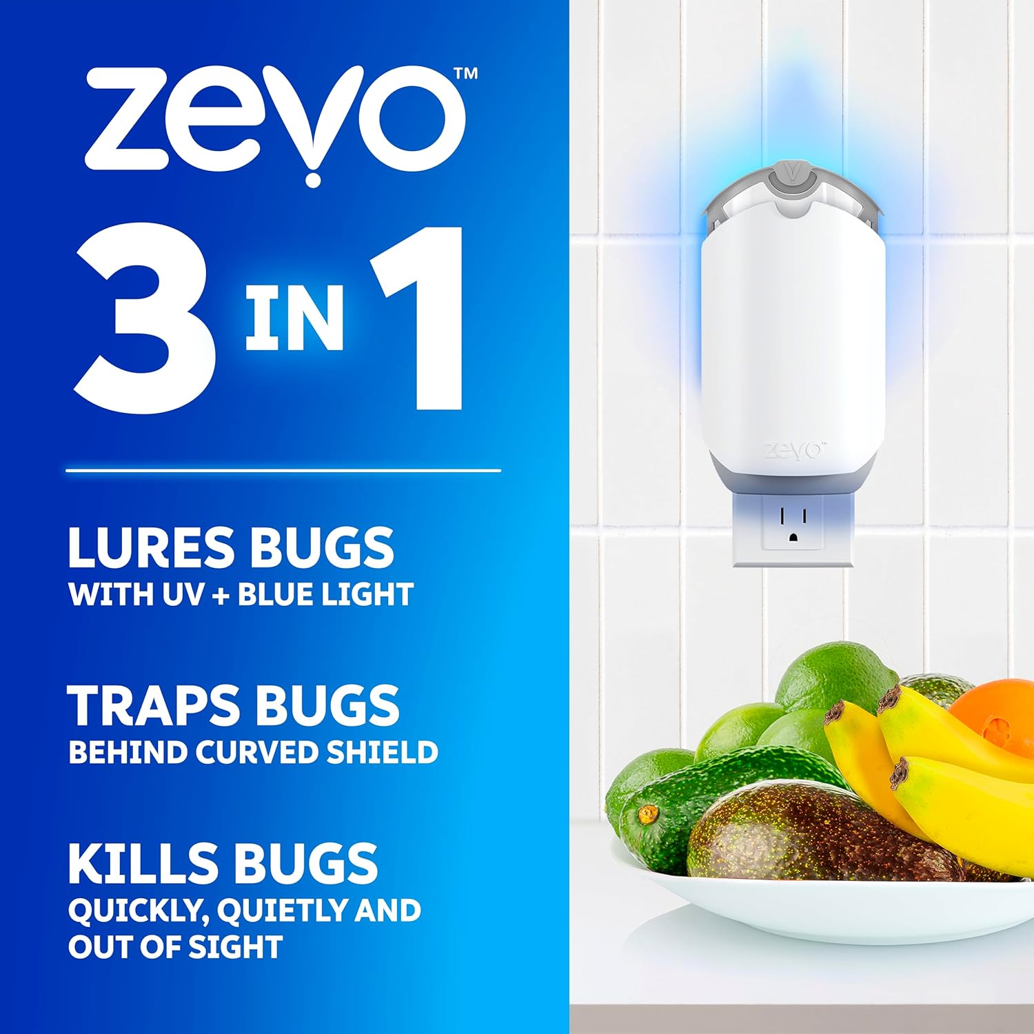 Zevo Flying Insect Trap for Fruit Flies & Gnats, 1 Plug-in Base & 1 Refill| Catches Fruit Flies & Gnats Near Fruit Bowls & Trash Bins, Spray-Free, Odor-Free, Blue & UV Light Trap, Safe for Kids & Pets*