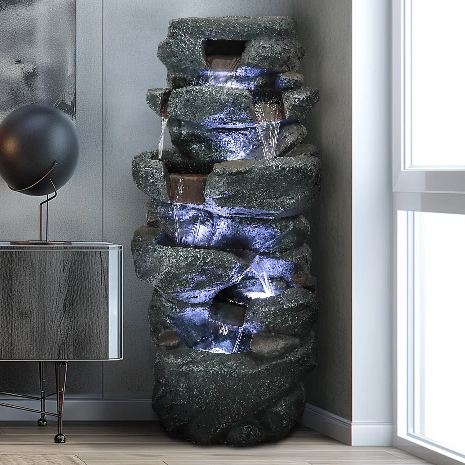 SunJet 40.5 Rock Water Fountain w/LED Lights - Outdoor 6-Tier Waterfall Fountain  for Garden Decor