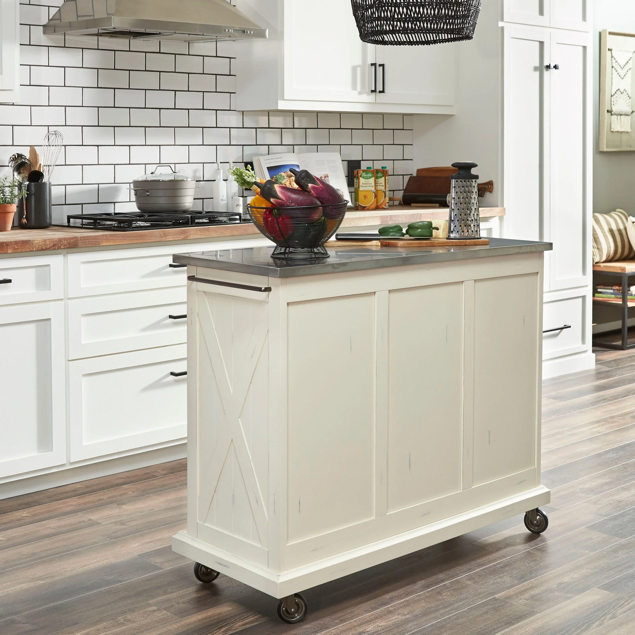 Homestyles Seaside Lodge Off - White Kitchen Cart with Stainless Steel Top - 45' x 16' x 36'