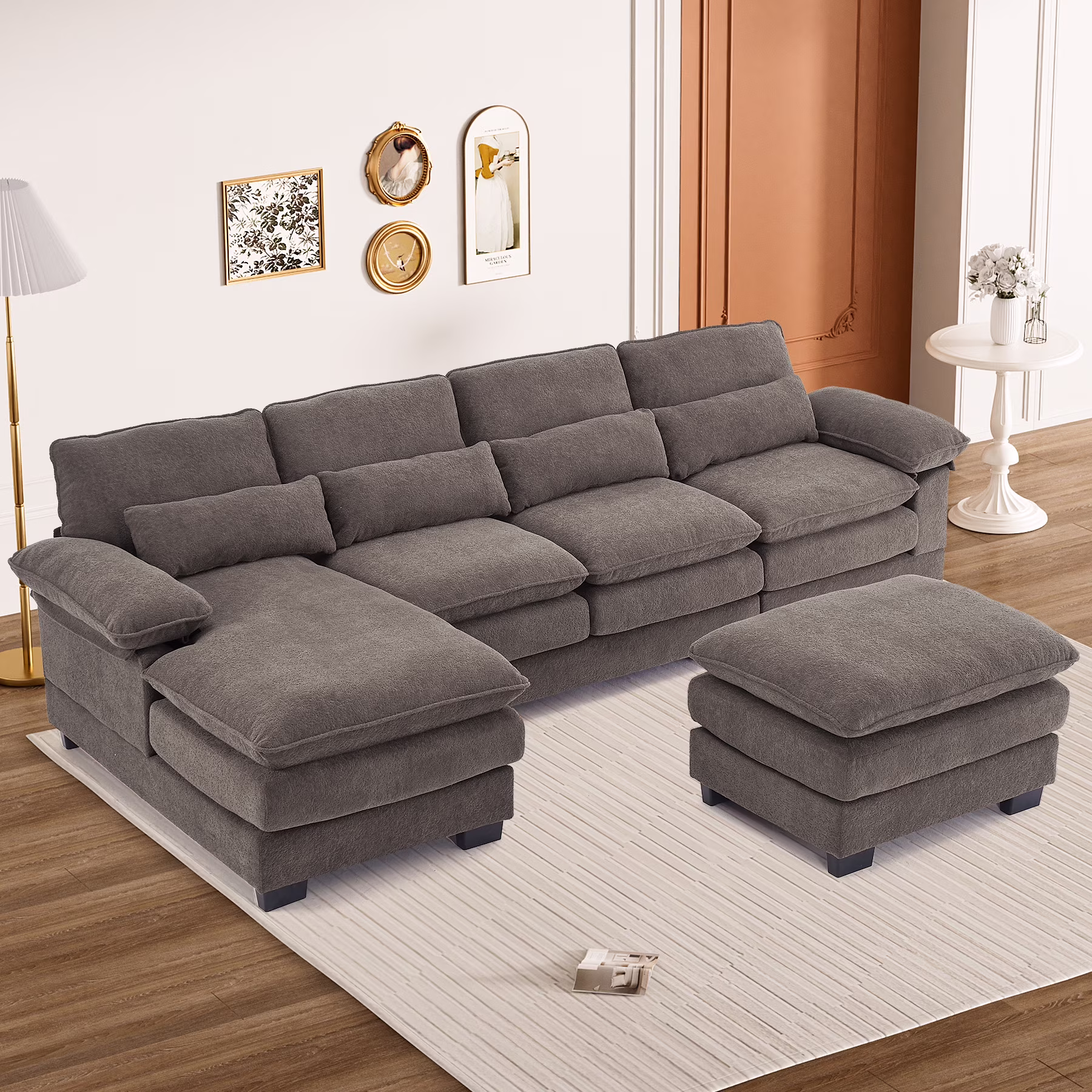 114 3" U Shaped Sectional Couches for Living Room,Cloud Couch,4 Seats Chenille Couch with Double Layer Cushion,Orange(Orange) Image 3