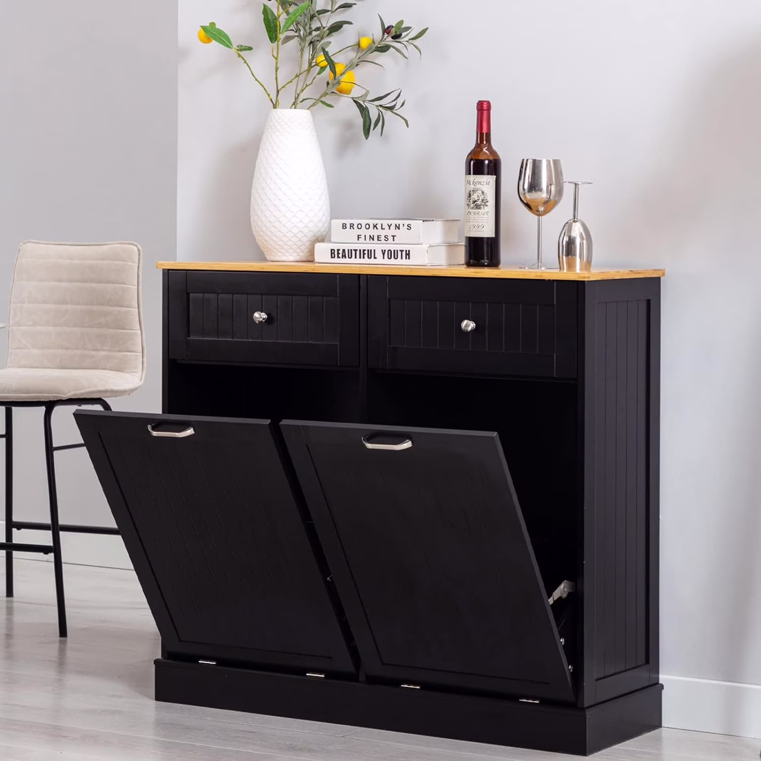 Hlivelood Double Trash Cabinet Tilt Out 20 Gallon, Pet Proof Kitchen Trash Cabinet Laundry Hamper with Cutting Board, Wood Garbage Recycling Station Hideaway Trash Holder Drawers