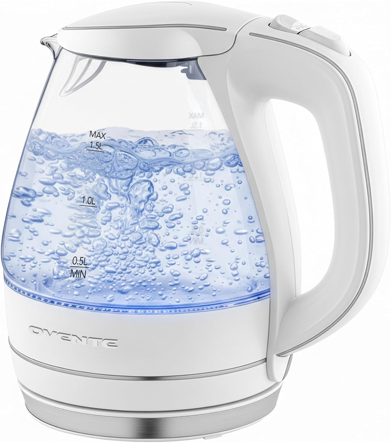 OVENTE 1.5L Glass Electric Kettle Water Boiler, White KG83W
