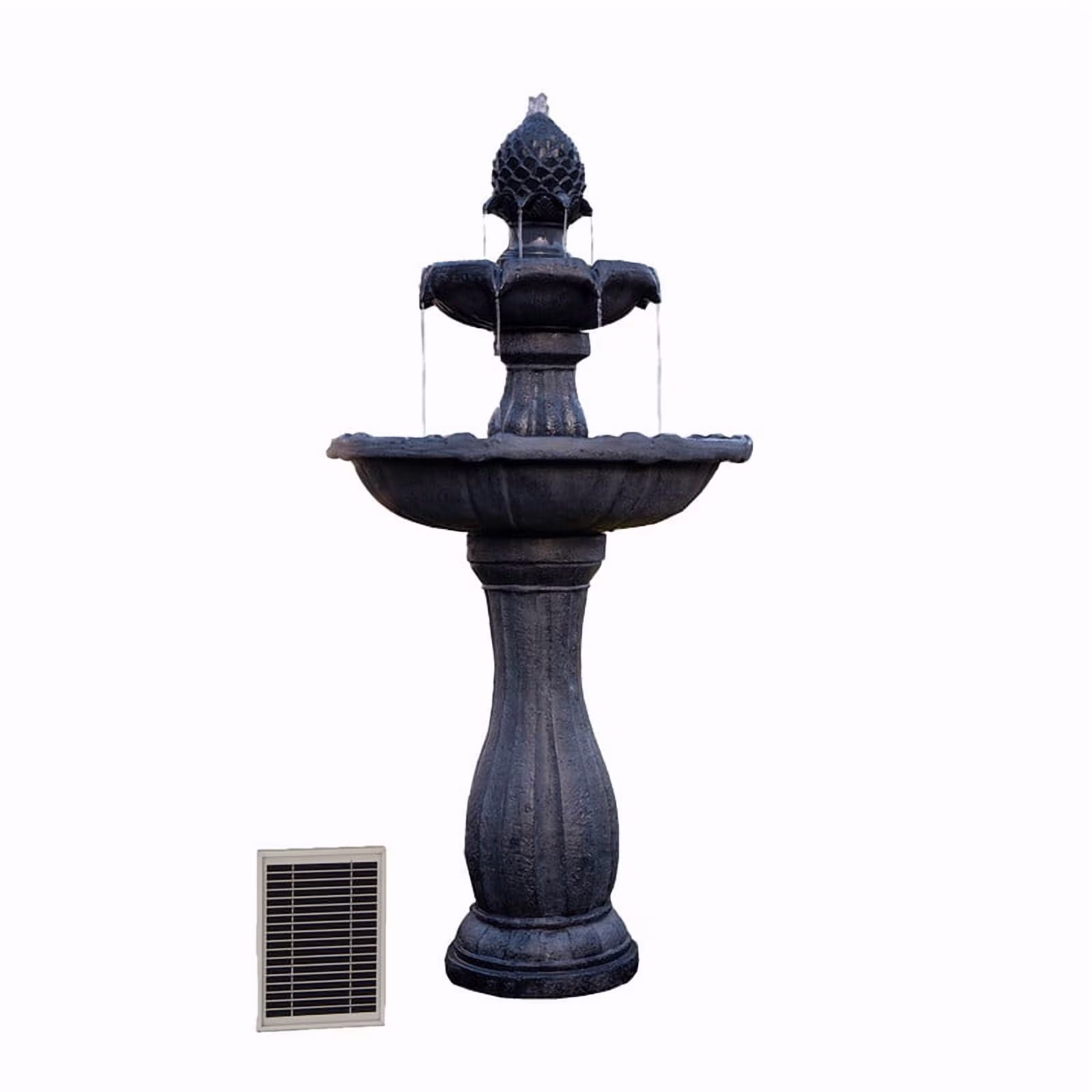 XBrand 44 H Black Fiberglass/Resin 2-Tier Solar Water Fountain w/ Solar Panel and Auto-Shut Off Pump, Solar Garden Fountain, Tall Outdoor Fountain, Two Tiered Birdbath Fountain