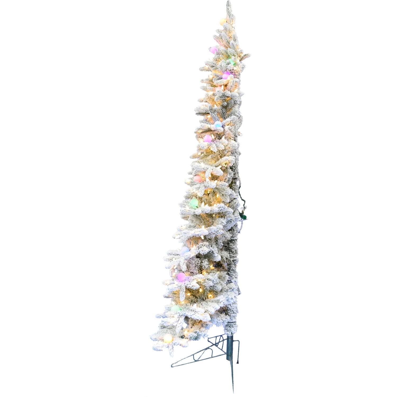 Fraser Hill Farm 6.5-Ft. Snowy Christmas Half Tree with Flock, Warm White LED, and Frosted G40 Multicolored Lighting