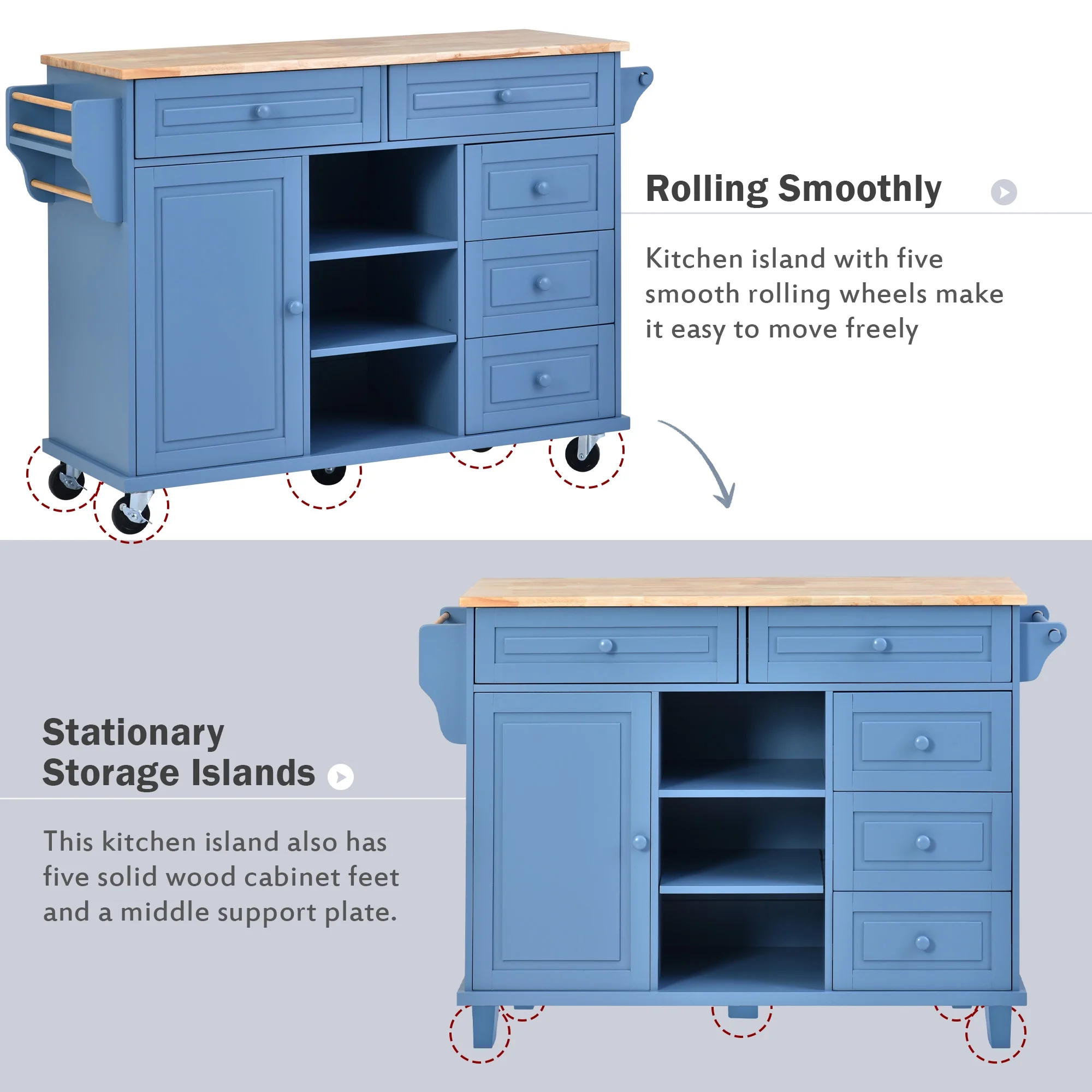 Kitchen cart with Rubber wood desktop rolling mobile kitchen island with storage and 5 draws 53 Inch length (Blue) - Image 3