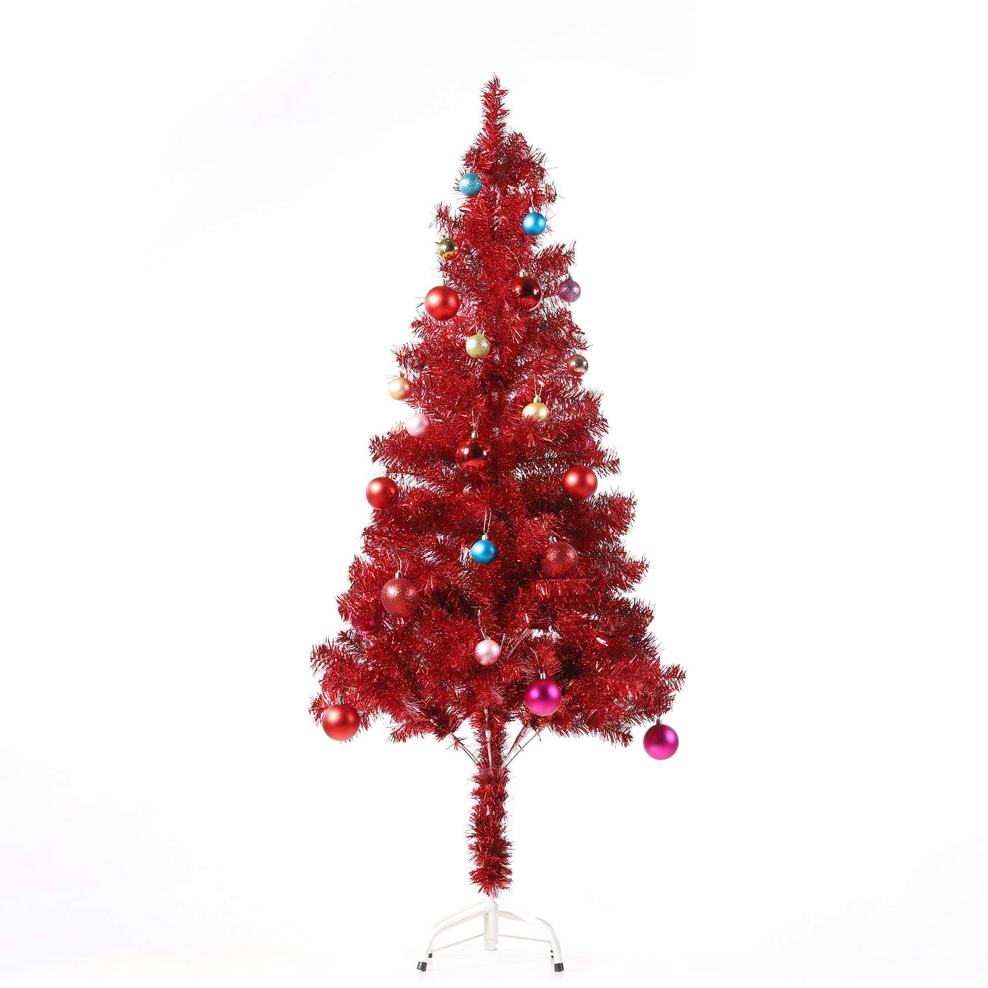 Wellwood 5 ft Tinsel Christmas Tree with 24ct Assorted Ornament Set, Metal Stand