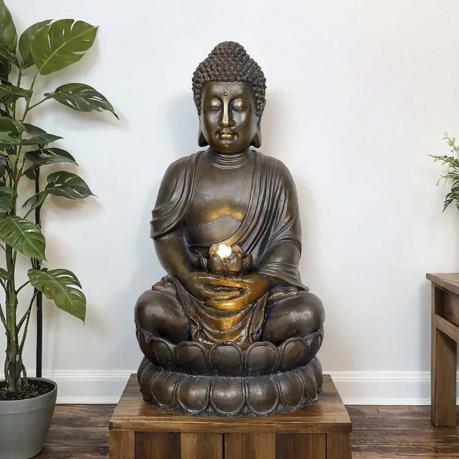33 H Buddha Outdoor Water Fountain with LED Lights and Pump,Zen Style Relaxing Garden Fountain Waterfall for Patio, Porch and Yard Decor