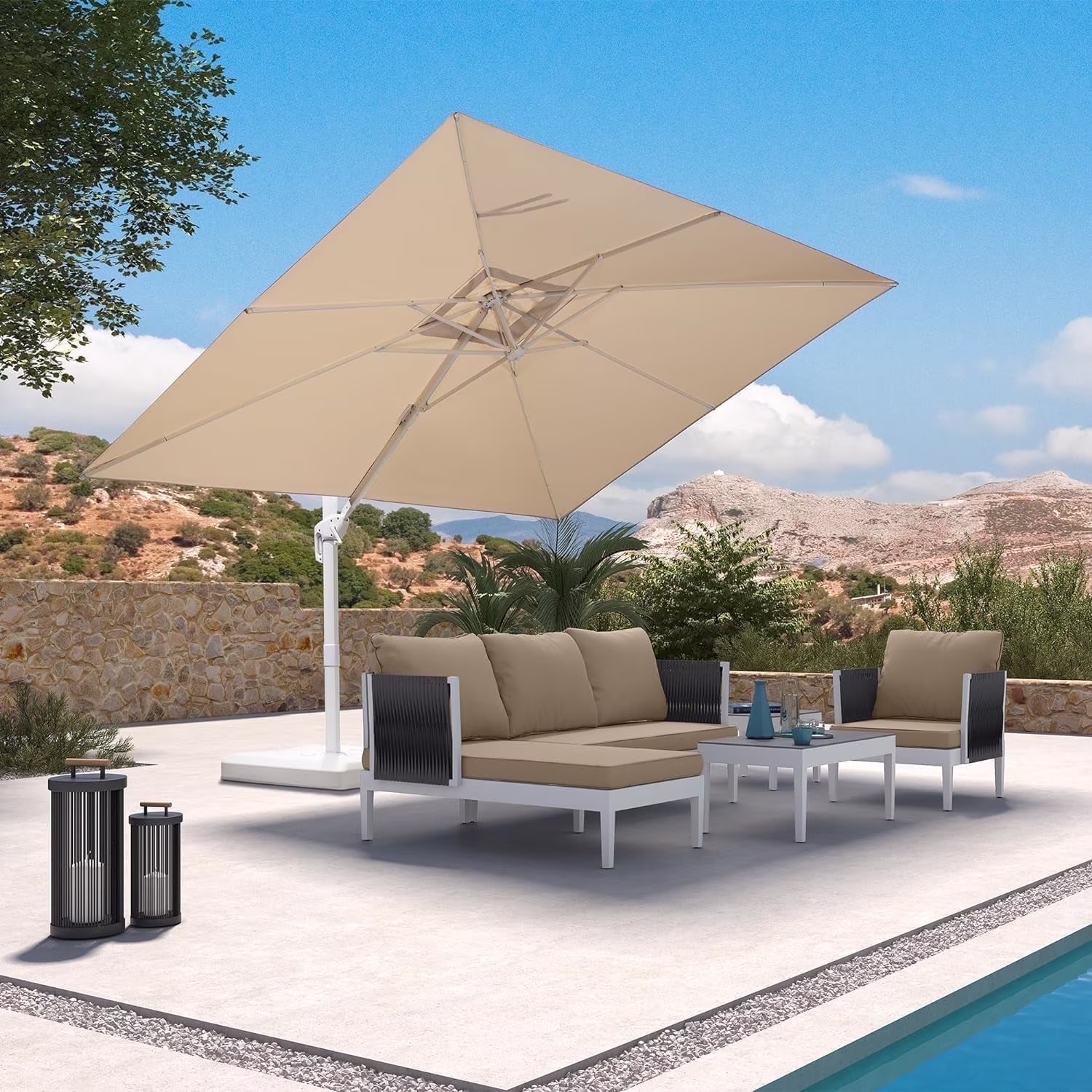 PURPLE LEAF 9 �� 11.5 FT Patio Umbrella White Cantilever Offset Umbrella Rectangle Outdoor Umbrella with 360�� Rotation for Garden Deck Pool, Beige