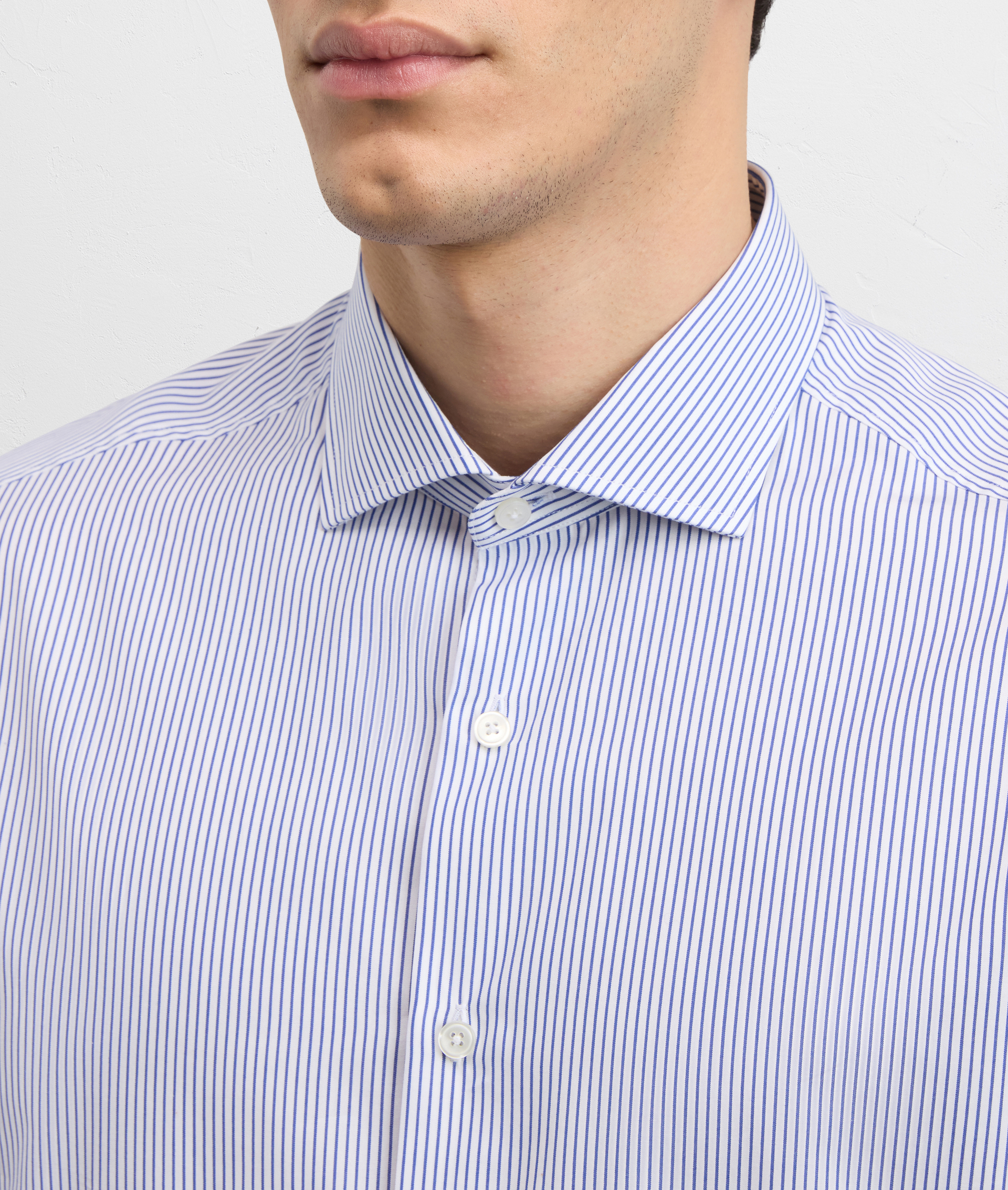 BLUE COTTON STRIPED SHIRT WITH SMALL TORINO COLLAR AND STANDARD CUFF