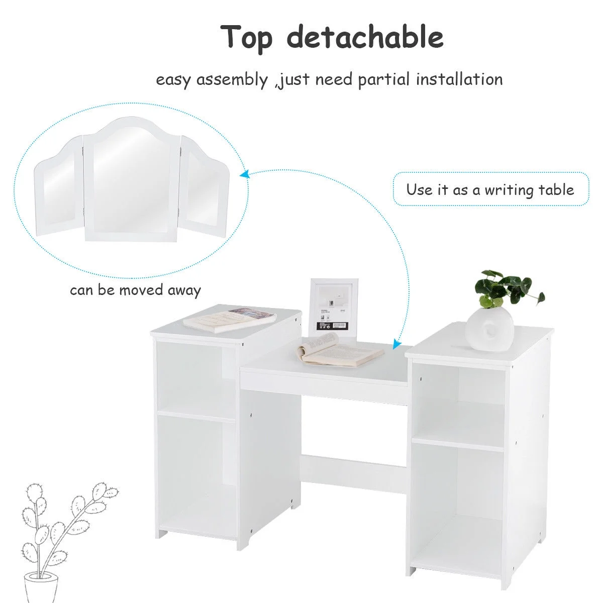 Vanity Table Set Makeup Dressing Kids Girls Study Table Tri Folding Mirror White(White) Image 8
