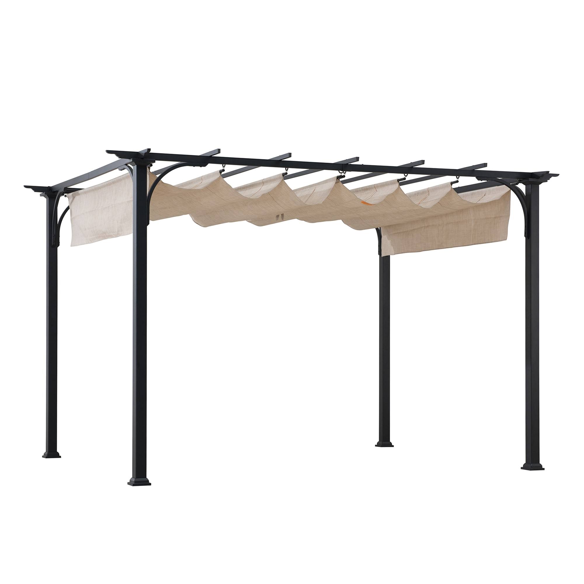 Sunjoy 12 ft. x 9 ft. Black Steel Classic Pergola with Adjustable Beige Shade