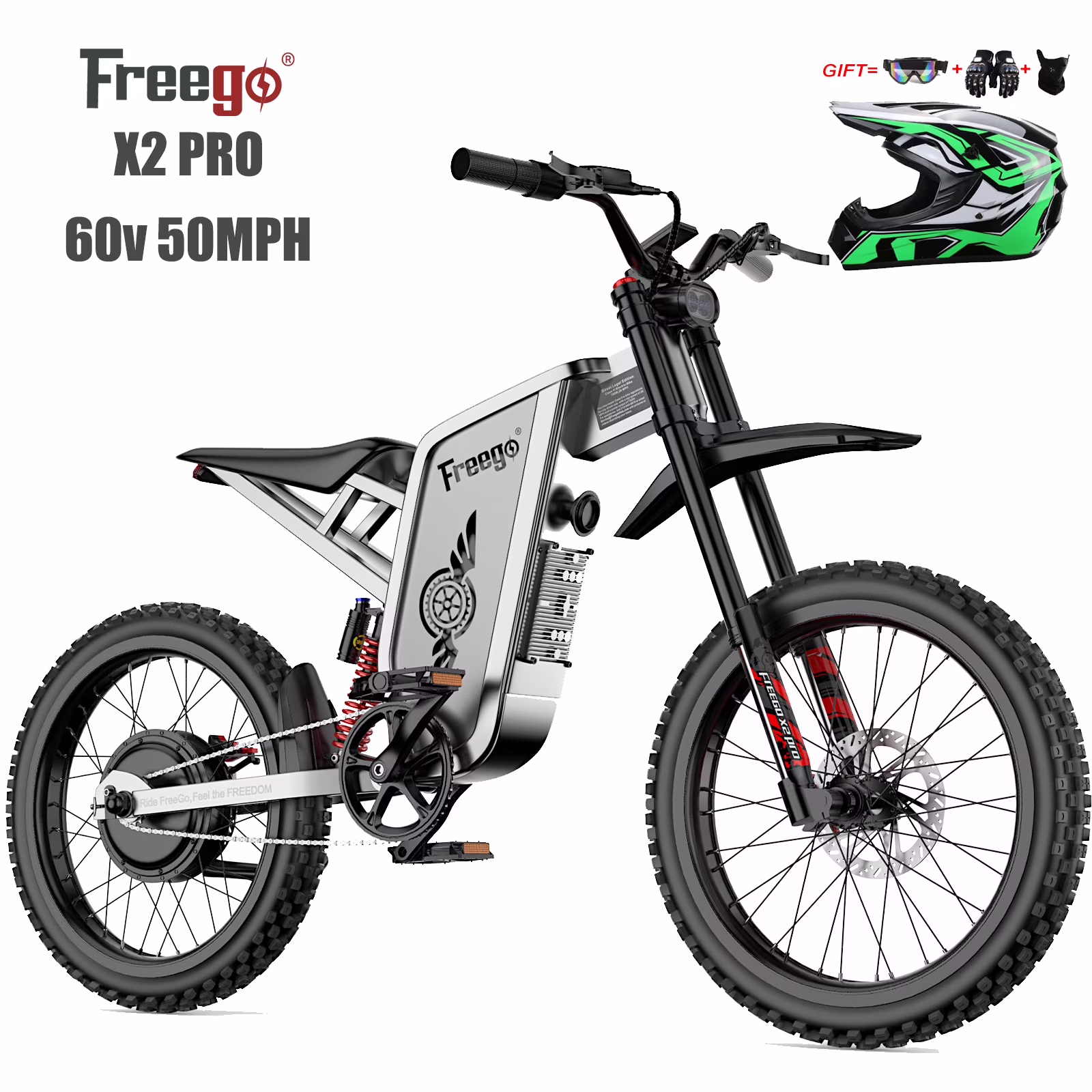 Freego X2 Pro 6000W(Peak) Motor Electric Dirt Bike for Adult, 60V30AH Battery Electric Motorcycle, 50MPH Speed Electric Bicycle, 19x2'' Full Suspension/Hydraulic Brake