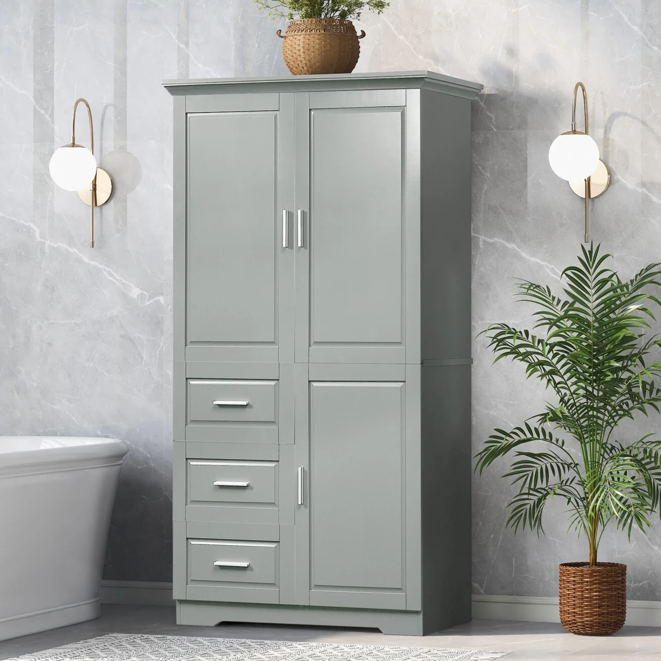 Bathroom Cabinet, 62.2" Tall Storage Cabinet with Doors and Shelves, Freestanding Linen Closet for Bathroom, Kitchen, Living Room, Grey(Grey) - Image 2
