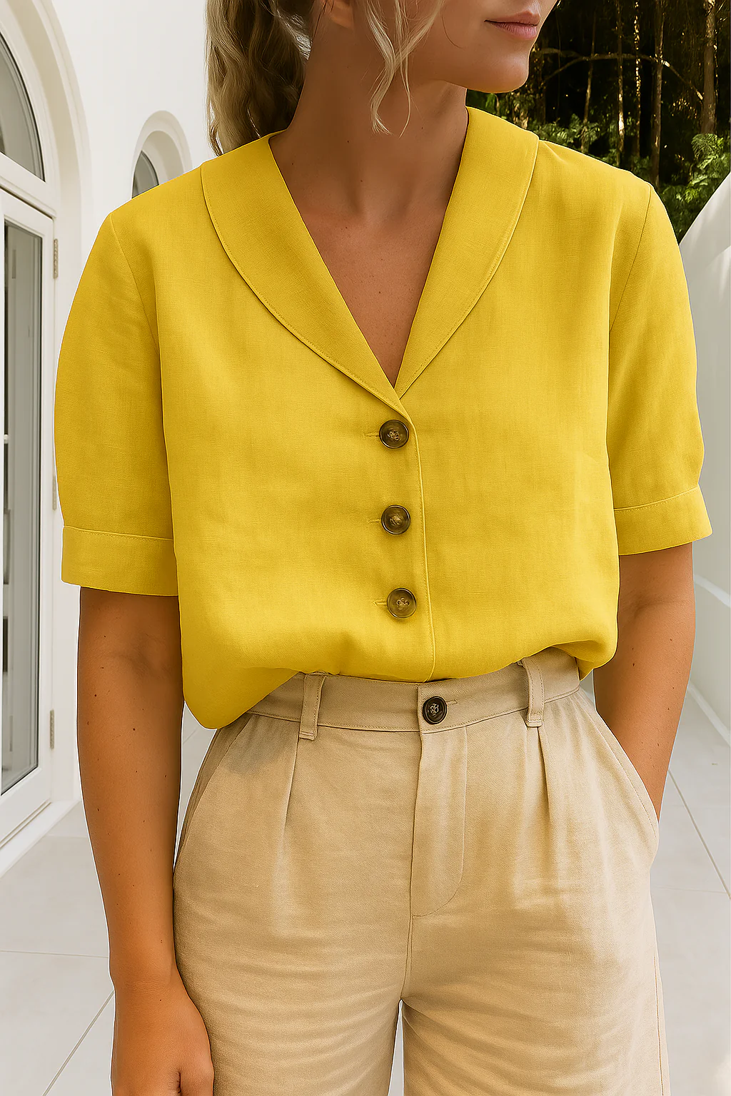 Blouse femme manches courtes avec col foulard et détails à boutons
