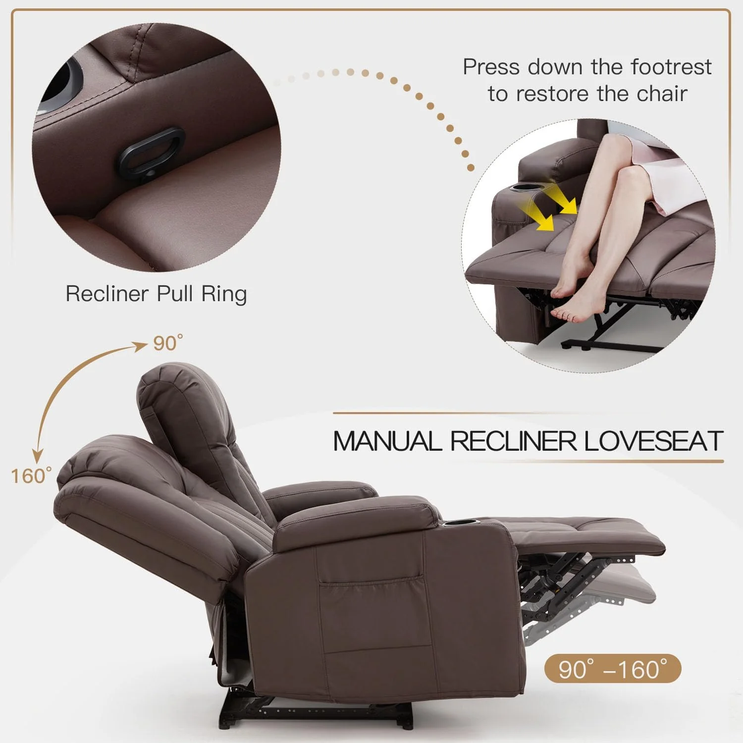 AECOJOY Loveseat Recliner with Cup Holders&Side Pockets, Brown, 2