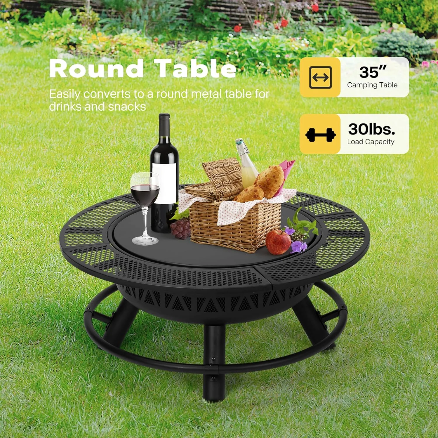 3-in-1 Fire Pit��35 in Wood Burning Firepits with Cooking Grill Grate Charcoal Pan Cover Lid, Metal Table for Backyard Bonfire BBQ Outdoor Camping Picnic(Single-Grill) - Image 6