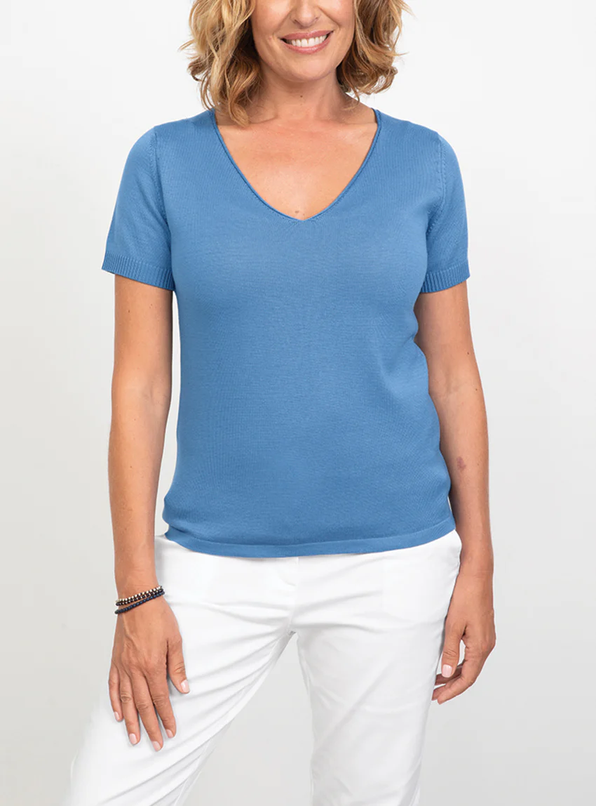 Pull femme manches courtes en coton Bleu pervenche