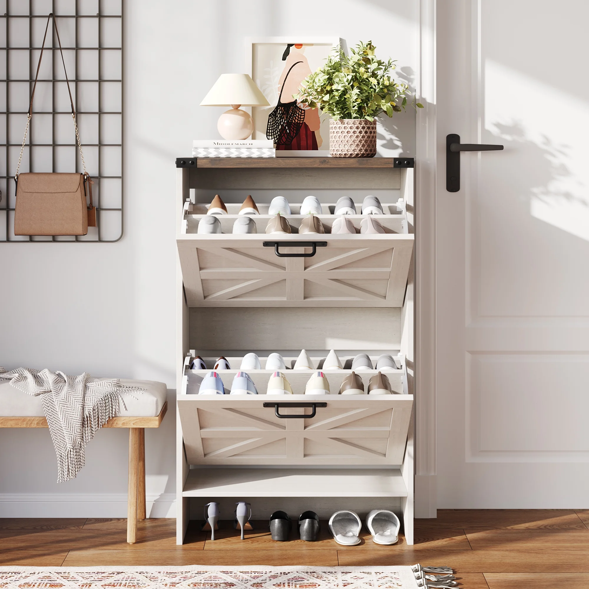 Shoes Storage Cabinet With Doors, Farmhouse Shoe Cabinet With 2 Flip Drawers For Entryway,Gray(White) - Image 6