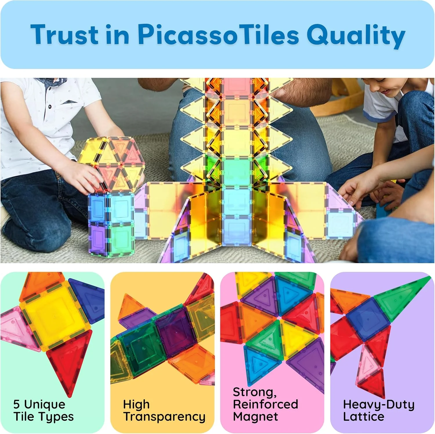 100 Piece Clear Magnetic 3D Building Tiles Set - Educational Construction Playboards
