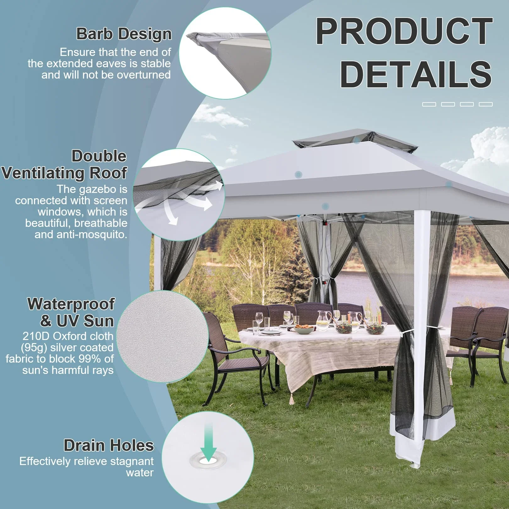 HOTEEL 12x12 Outdoor Pop-up Gazebo Canopy with Mosquito Netting 2-Tiered Vented Top 3 Adjustable Height for Backyard, Garden, Lawn,Light Grey