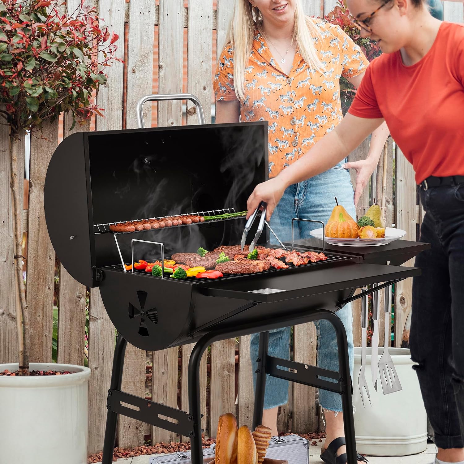 Royal Gourmet CC1624 Barrel Charcoal Grill with Side and Front Shelves