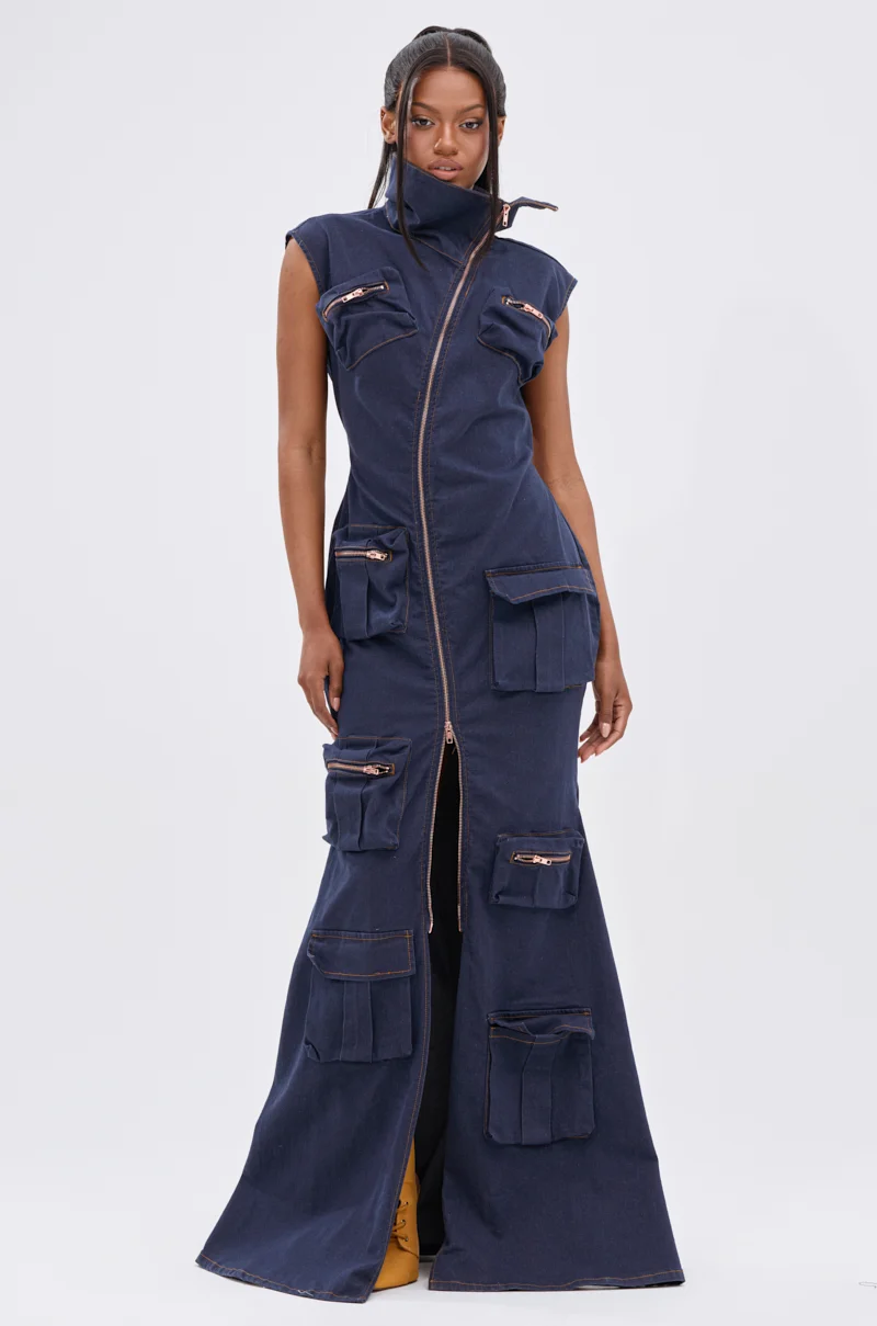 DONT MESS WITH ME COLLARED DENIM MAXI DRESS - Akira Store