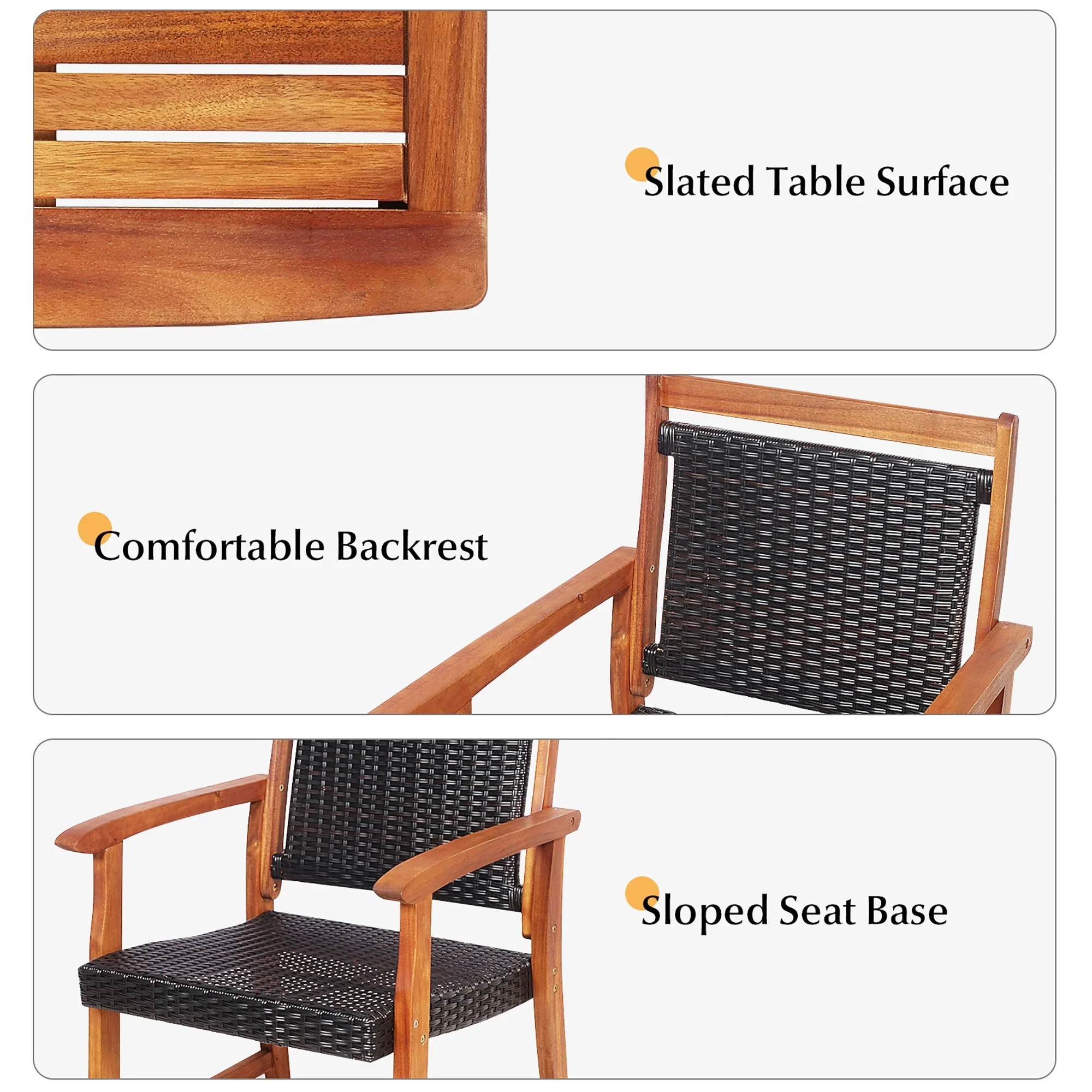 Costway 3PCS Patio Rattan Bistro Set Acacia Wood Frame Armrest Chairs Garden