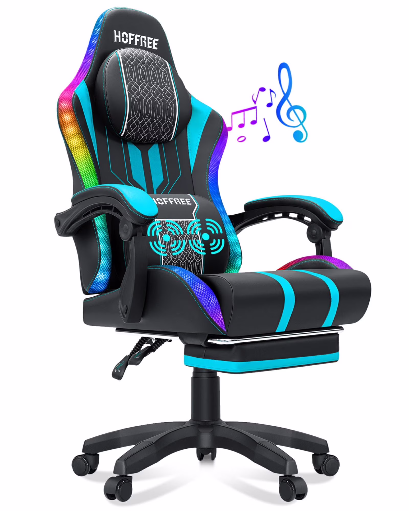 Big and Tall Gaming Chair with Speakers and RGB Lights, Gamer Chair with Footrest, Lumbar Support Height Adjustable 360-Swivel Seat and Headrest for Adults, 400lbs(Blue)