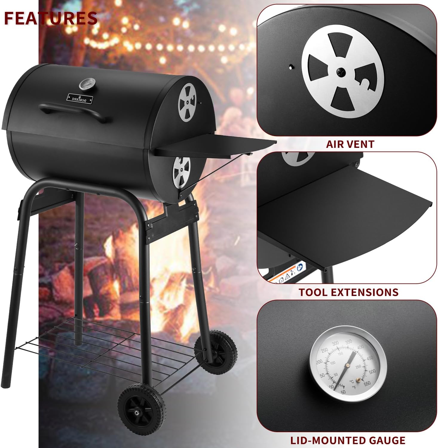 Charcoal Grill with Side Table, Barrel BBQ Grill with 500 Square Inches Cooking Area
