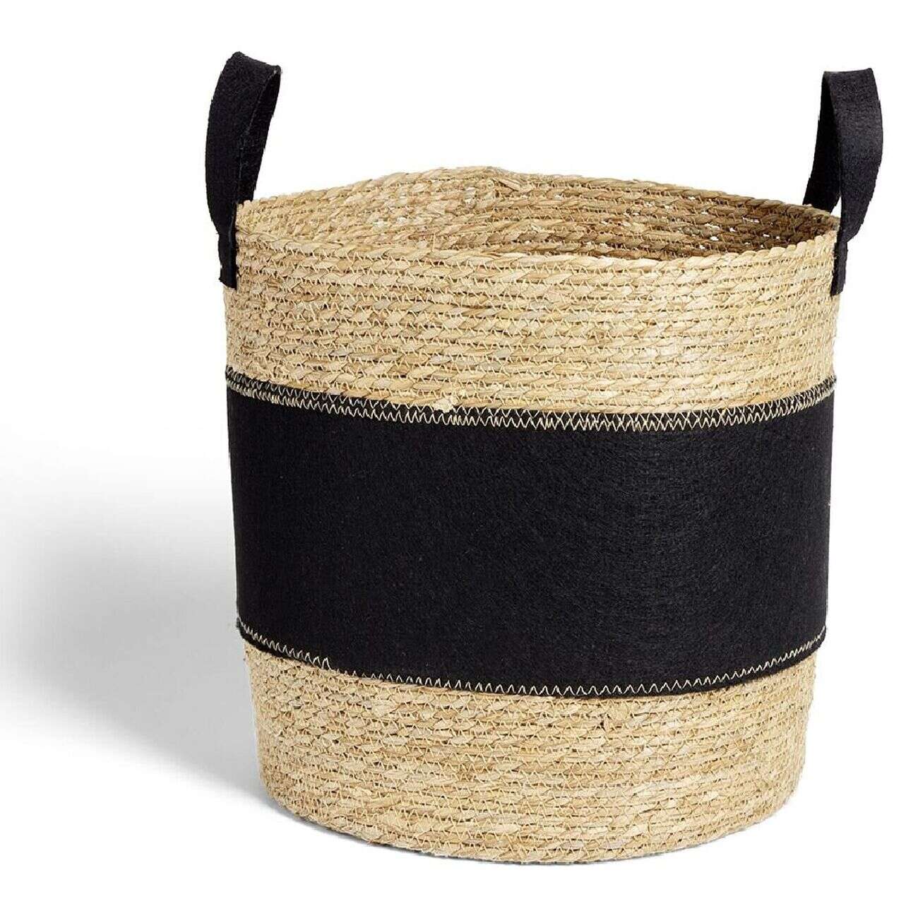 Panier à linge 52L jonc de mer et feutrine noir Ø37xH38cm