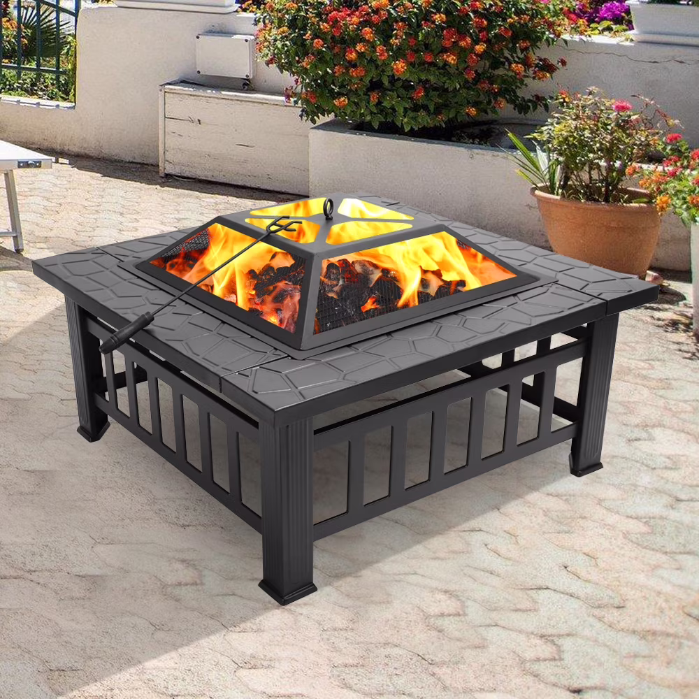 32" Outdoor Metal Firepit Backyard Patio Garden Square Stove Fire Pit(32" Black)