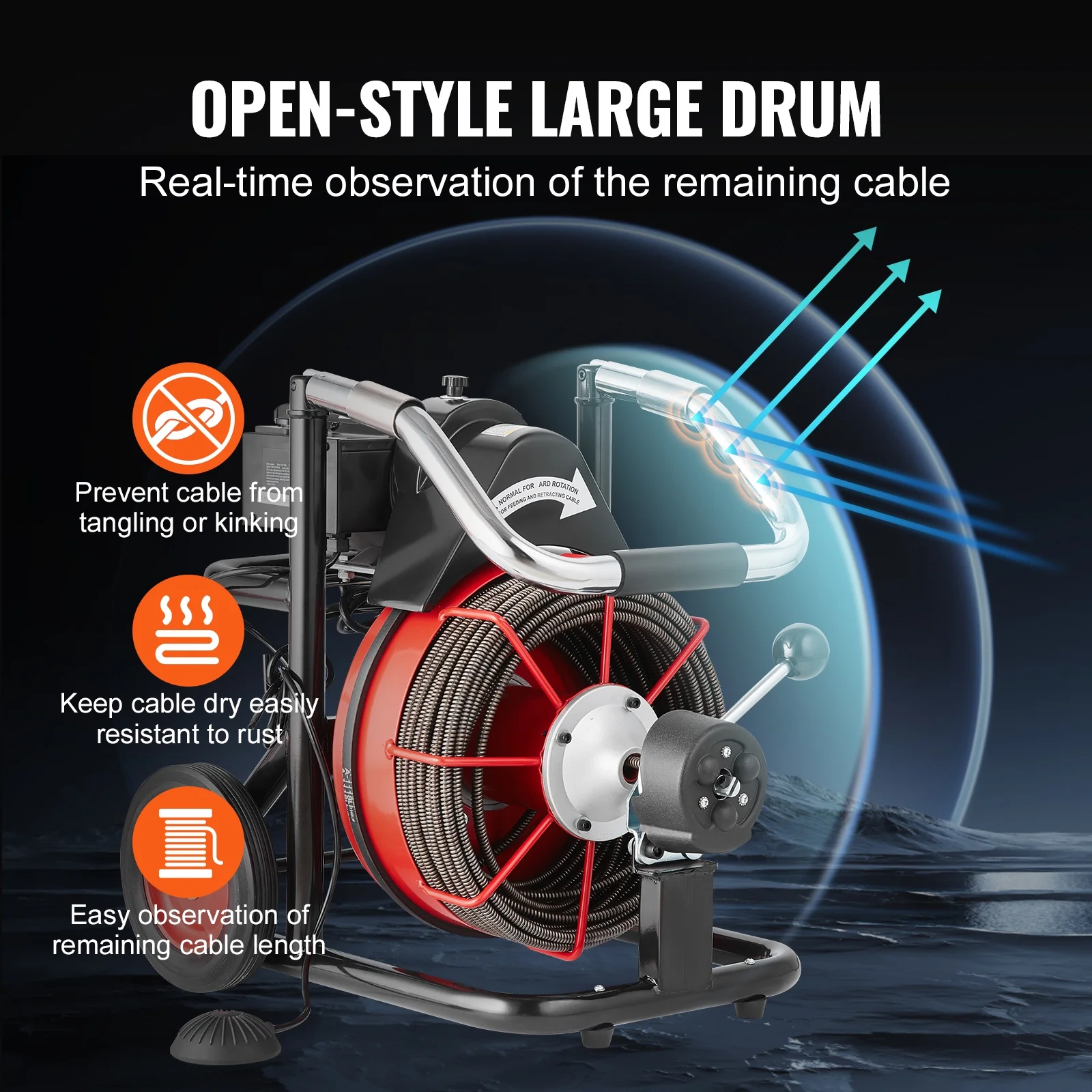 Drain Cleaner Machine, 100FT x 3/8 Inch with Auto Feed, 370W, Portable on Wheels, Includes 8 Cutters Air Foot Switch, Cleans 2"-4" Pipes - Image 9