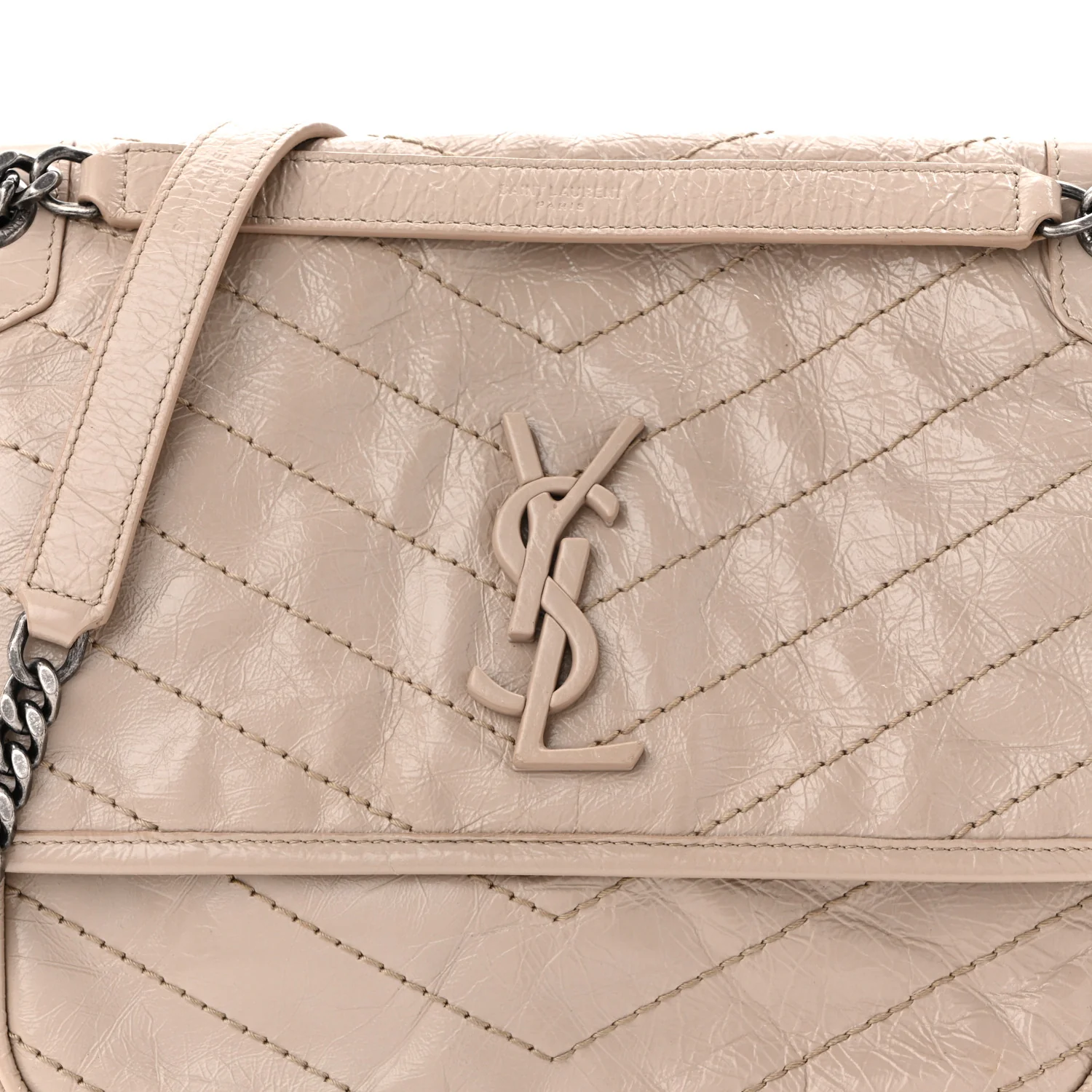 Crinkled Calfskin Matelasse Monogram Medium Niki Chain Satchel Light Natural