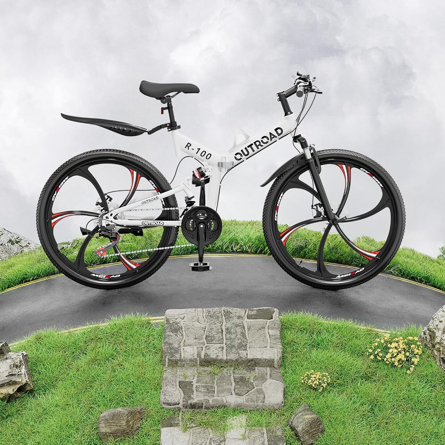 SUNCROWN 26 Inch Folding Mountain Bike, 21 Speed Full Suspension High-Carbon Steel MTB Foldable Bicycle, Dual Disc Brake Non-Slip Folding Bikes for Adults/Men/Women, Black