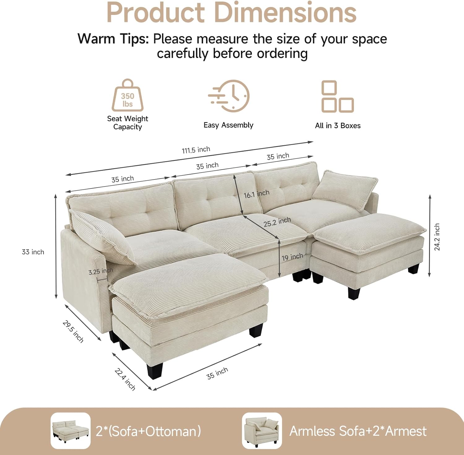 Modular Sectional Sofa, 111.5