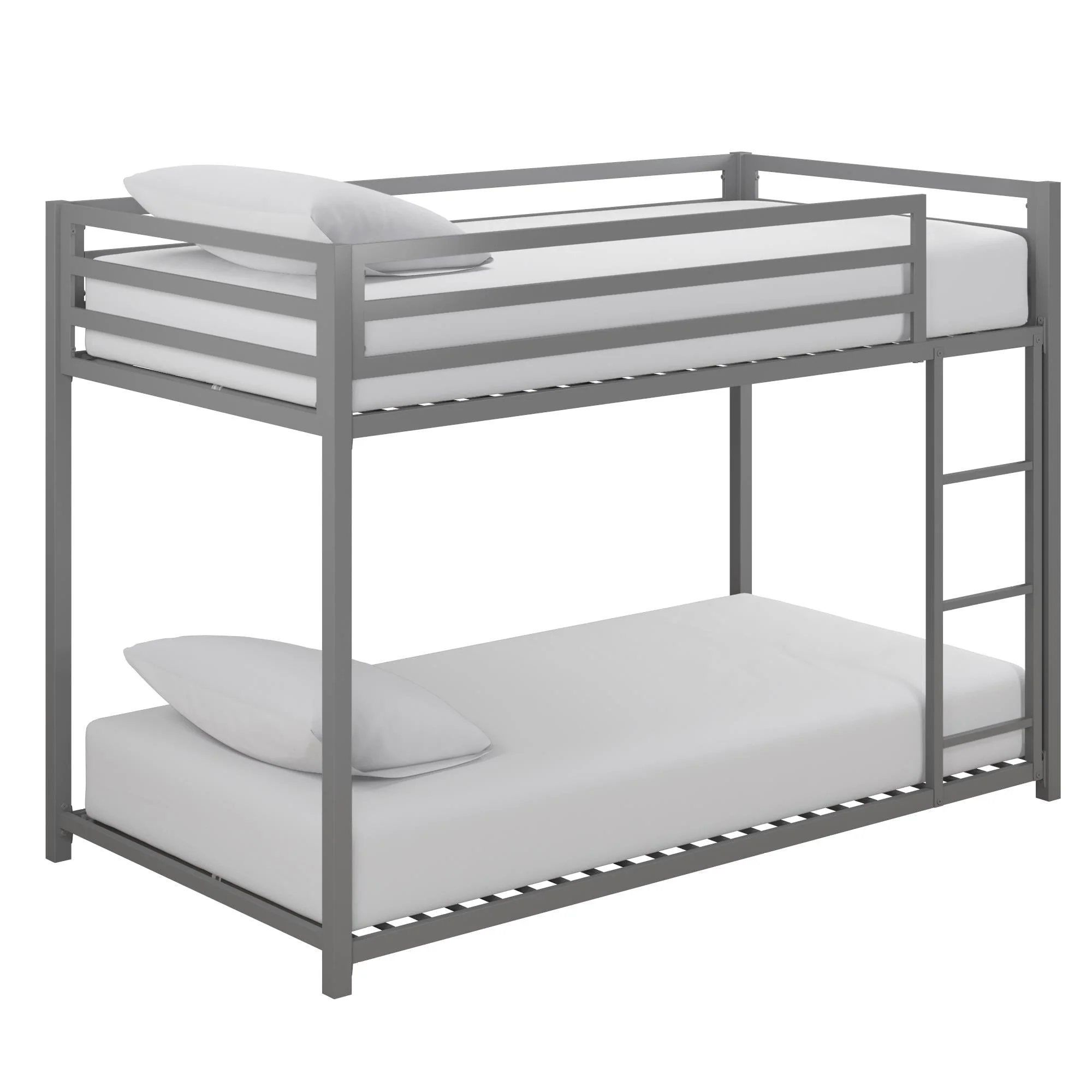 DHP Miles Low Bunk Bed for Kids, Twin Over Twin, Silver