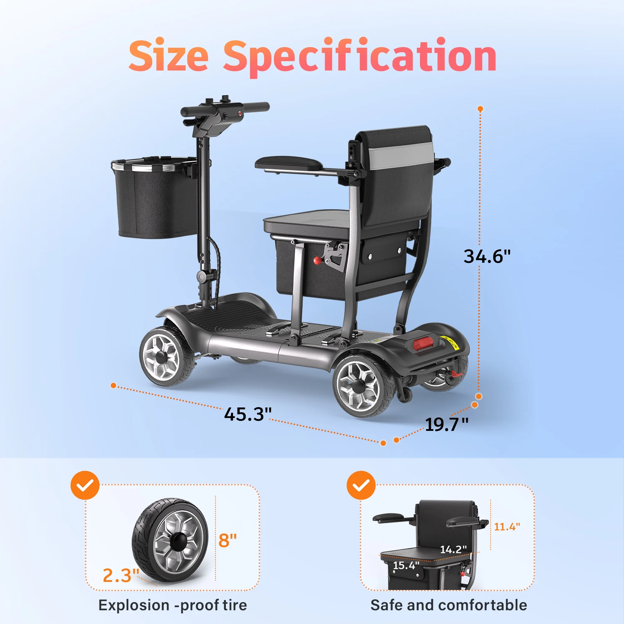 Light Weight 4 Wheels Mobility Scooter for Seniors, Electric Folding Wheelchair Device for Travel, Black(Black with 1 Battery) - Image 9
