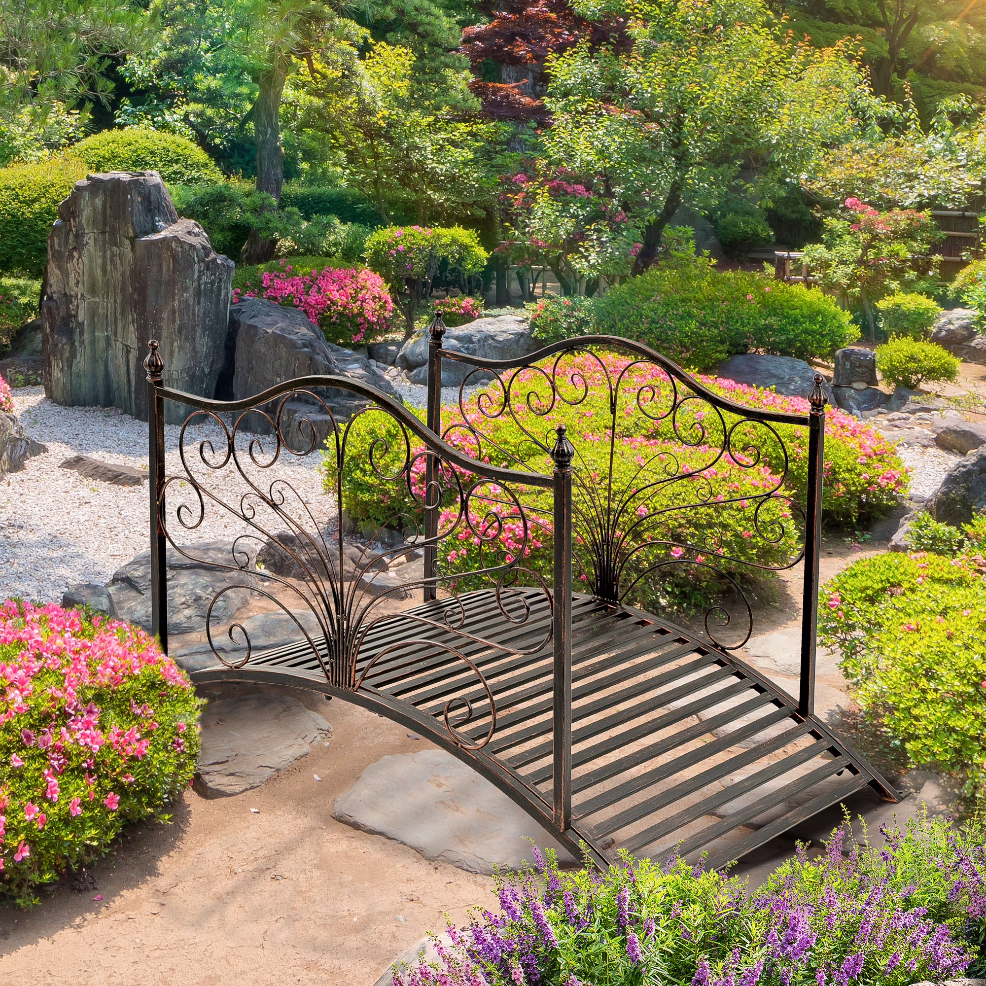 Outsunny 4�� Metal Arch Backyard Garden Bridge with Safety Siderails, Delicate Scrollwork, & Easy Assembly, Black Bronze