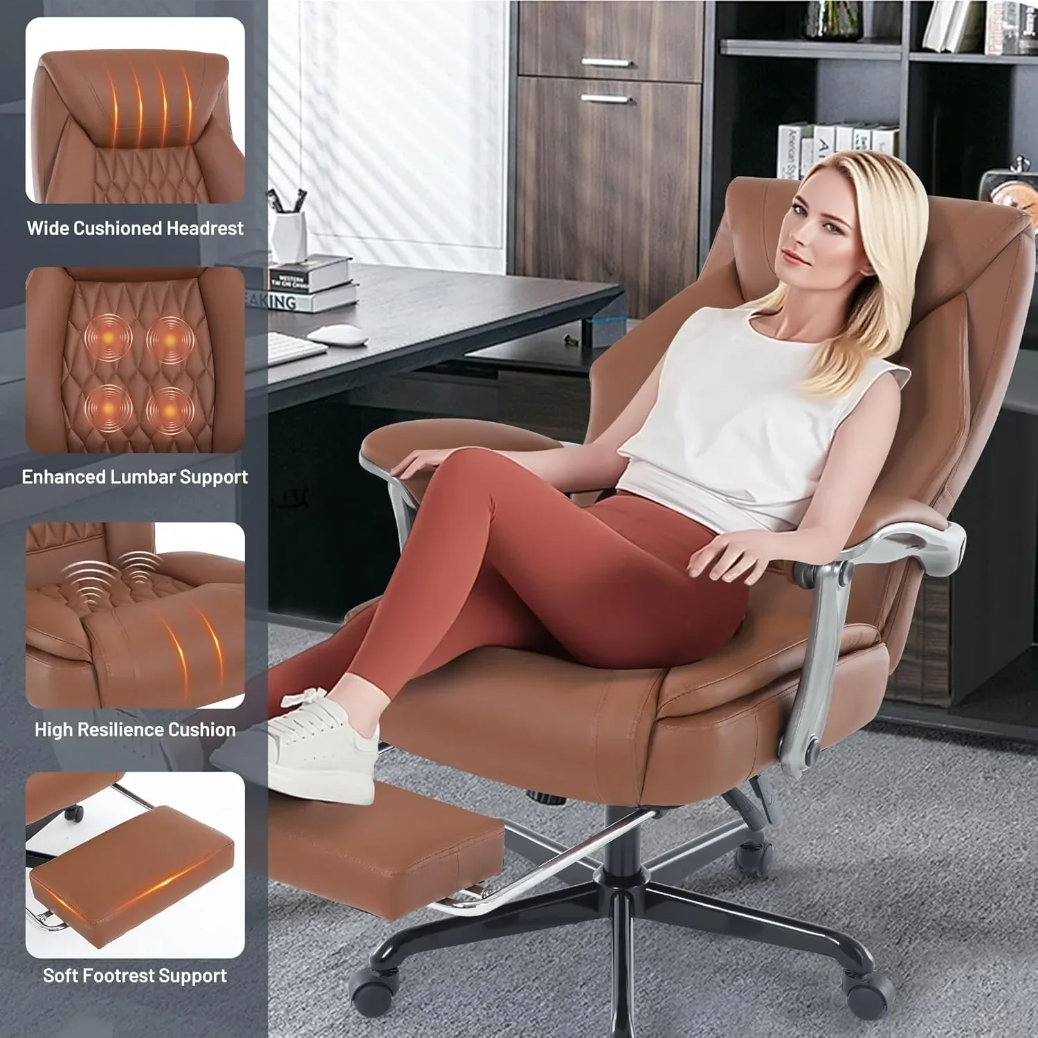 Fauteuil de bureau massant avec chauffage et repose-pieds, fauteuil de bureau ergonomique inclinable de direction