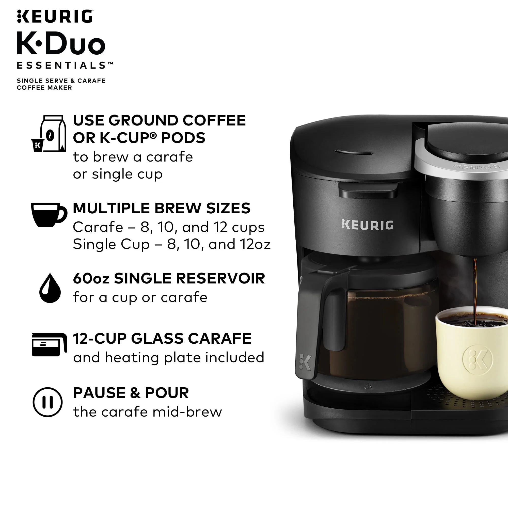 Keurig K - Duo Essentials Black Single - Serve K - Cup Pod Coffee Maker, Black