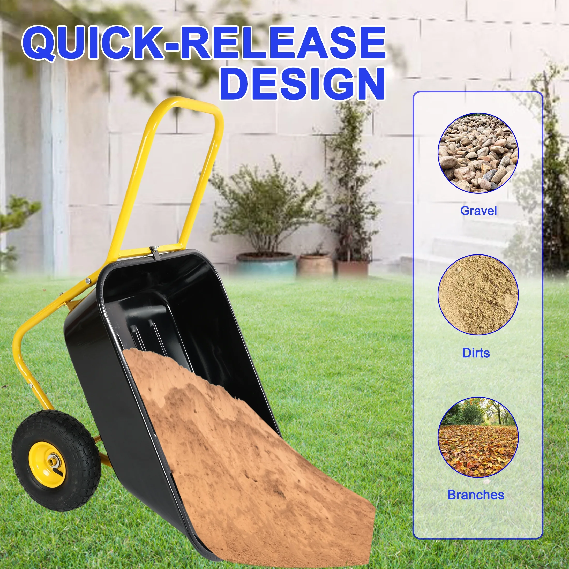 2 Wheel Wheelbarrow, Plastic and Steel Wheel Barrel, 300lbs Capacity Garden Cart for Lawn, Gardening, Construction(Yellow+Black) - Image 4