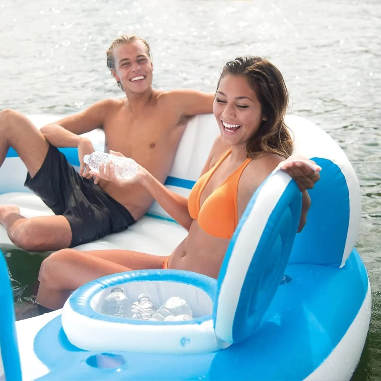 145 X 125 X 20 Inch Inflatable Lake and Pool Relaxation Island Lounger Seat for Up to 7 Adults, Blue and White