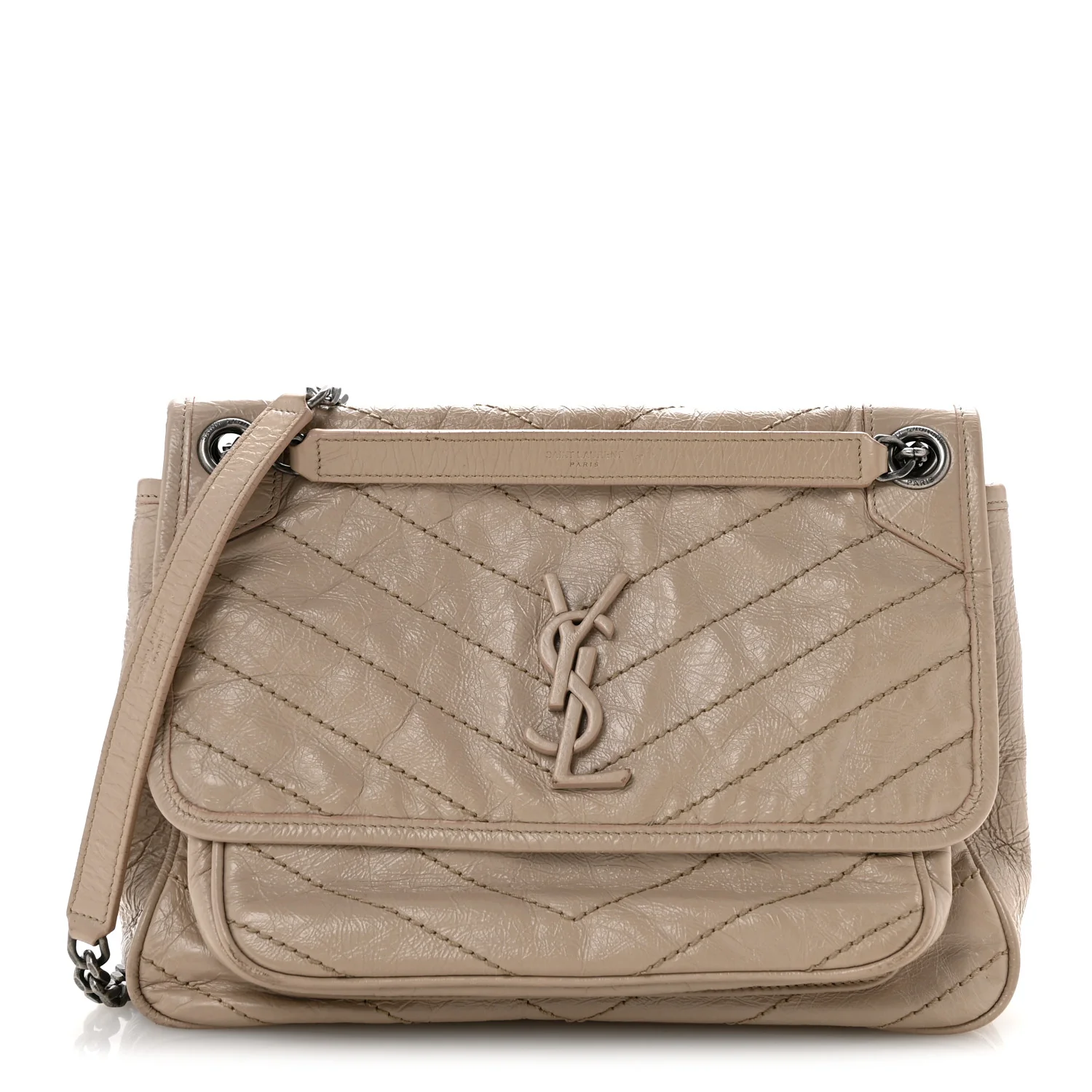 Crinkled Calfskin Matelasse Monogram Medium Niki Chain Satchel Gold Sand