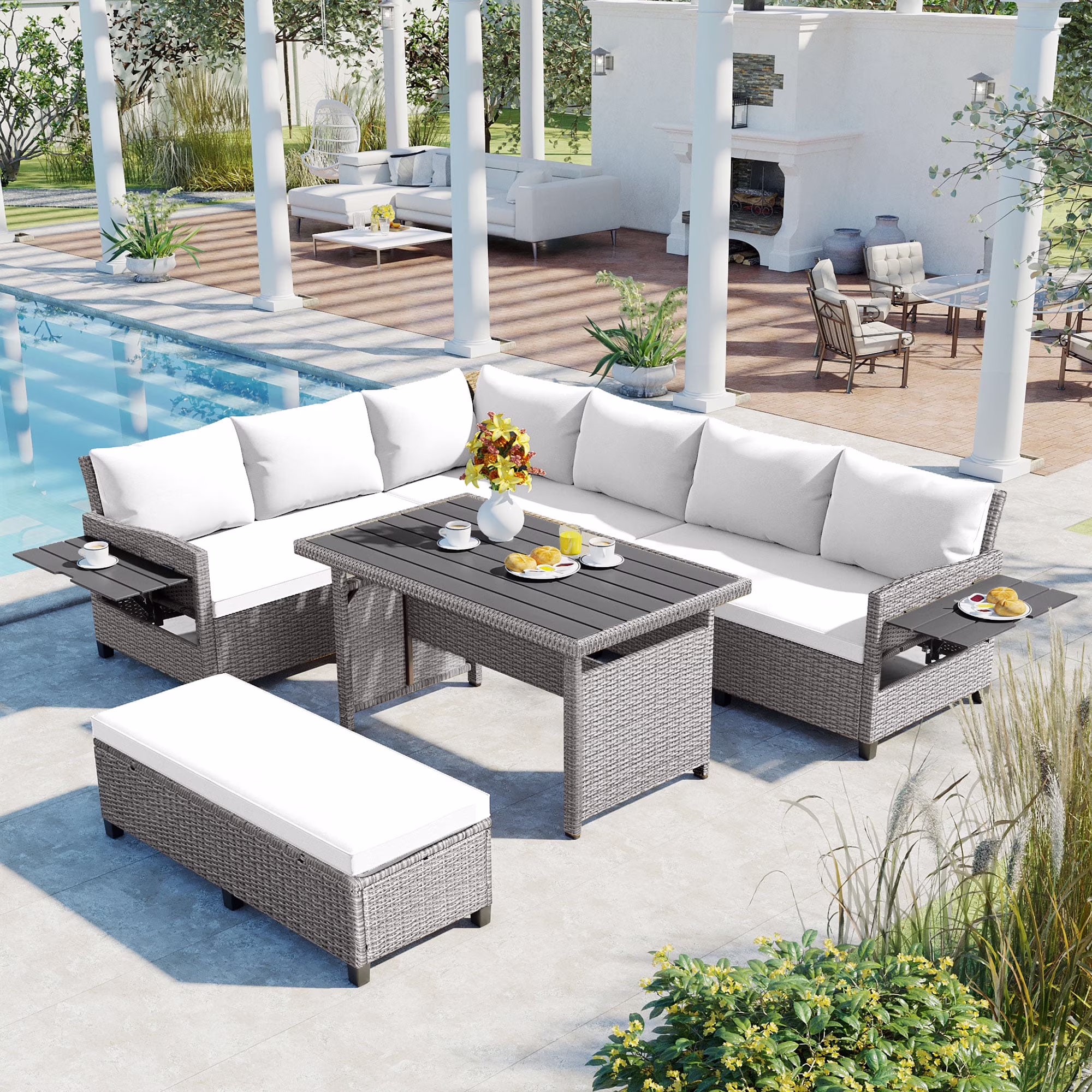 Outdoor Rattan Sectional Sofa Set with Dining Table, Patio L-Shaped Wicker Conversation Set with 2 Extendable Side Tables, Brown(Brown) - Image 5