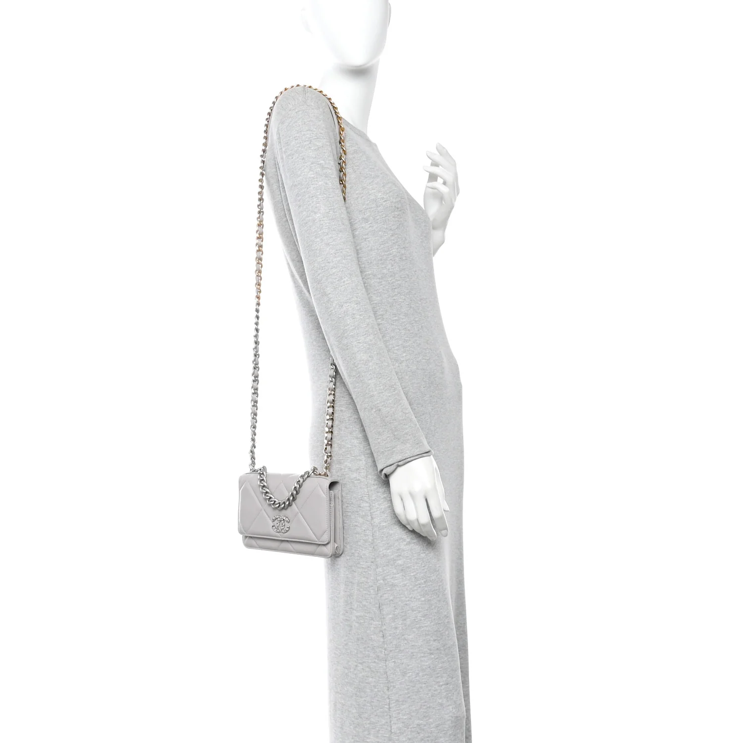 Lambskin Quilted Chanel 19 Wallet On Chain WOC Grey