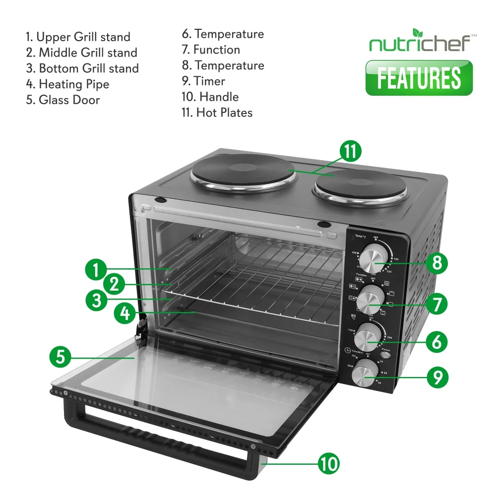 30 Quart Kitchen Convection Oven 2 Burner Cooker 1500 Watt Oven 7 Cook Functions Rotisserie, Cook, Bake, Broil More Includes Baking Tray, Skewers Handles 19.6 x 16.0 x 13.5 IN - Image 5