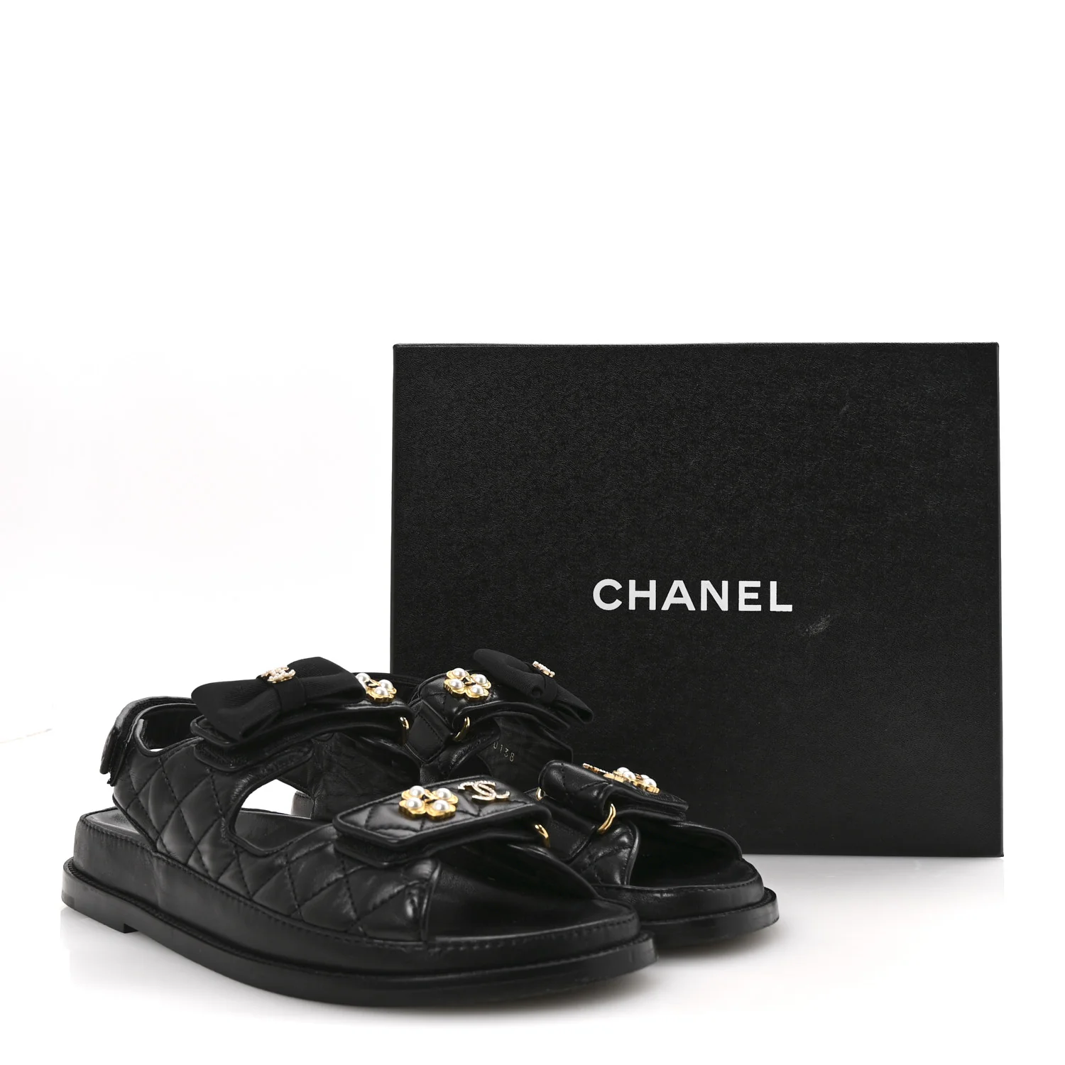 Lambskin Velcro CC Pearl Bow Dad Sandals 38 Black