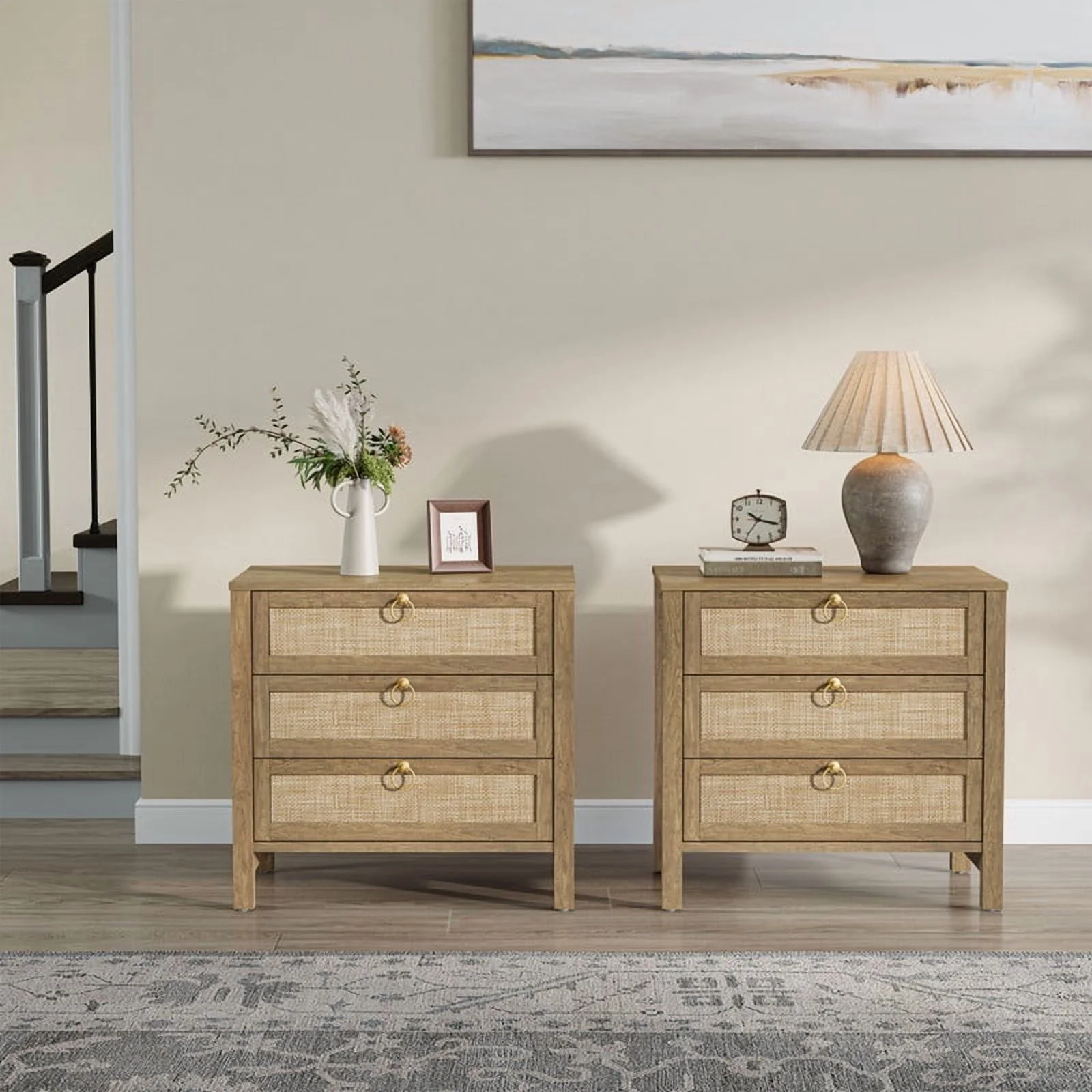 Oak Boho 3-Drawer Nightstand Set of 2 Extra Wide Storage Night Stand with Gold Handles LargeTall Bed Side Table for Bedroom Living Room Enterway(Cherry Oak/Single) - Image 2